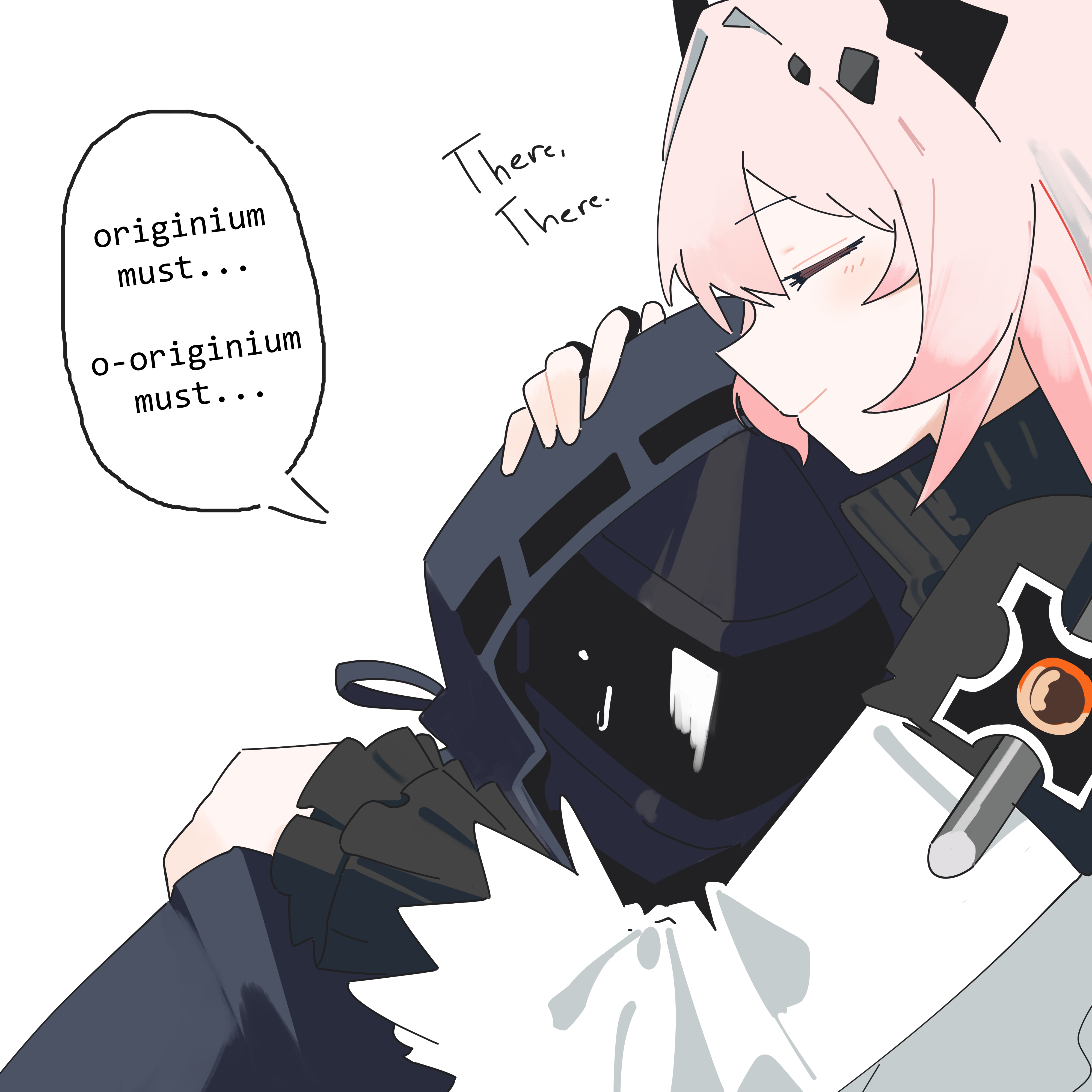 myticalcat, doctor (arknights), theresa (arknights), arknights, absurdres, commentary, english commentary, highres, 1girl, 1other, ambiguous gender, black coat, black hood, black horns, closed eyes, coat, comforting, demon girl, demon horns, dress, english text, frilled sleeves, frills, from side, hood, hood up, hooded coat, horns, hug, jewelry, long hair, long sleeves, multiple rings, pink hair, ring, simple background, speech bubble, teeth, turtleneck, upper body, upper teeth only, white background, white dress