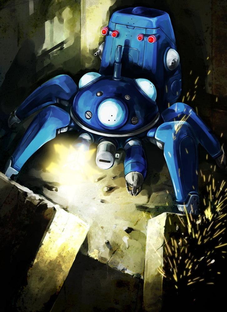 hironox, tachikoma, ghost in the shell, ghost in the shell: stand alone complex, 00s, armor, firing, helmet, machinery, mecha, mecha focus, no humans, robot, weapon