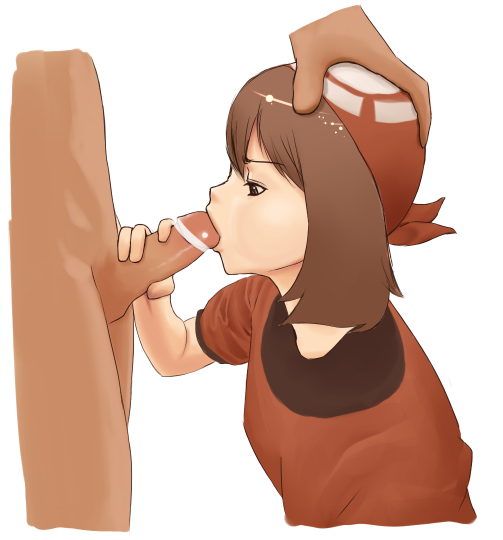 nyonn24, may (pokemon), nintendo, pokemon, bad id, bad pixiv id, 1boy, 1girl, bandana, bar censor, brown hair, censored, clothed female nude male, fellatio, frown, hand on another's head, handjob, hat, hetero, nude, oral, penis, short hair, solo focus