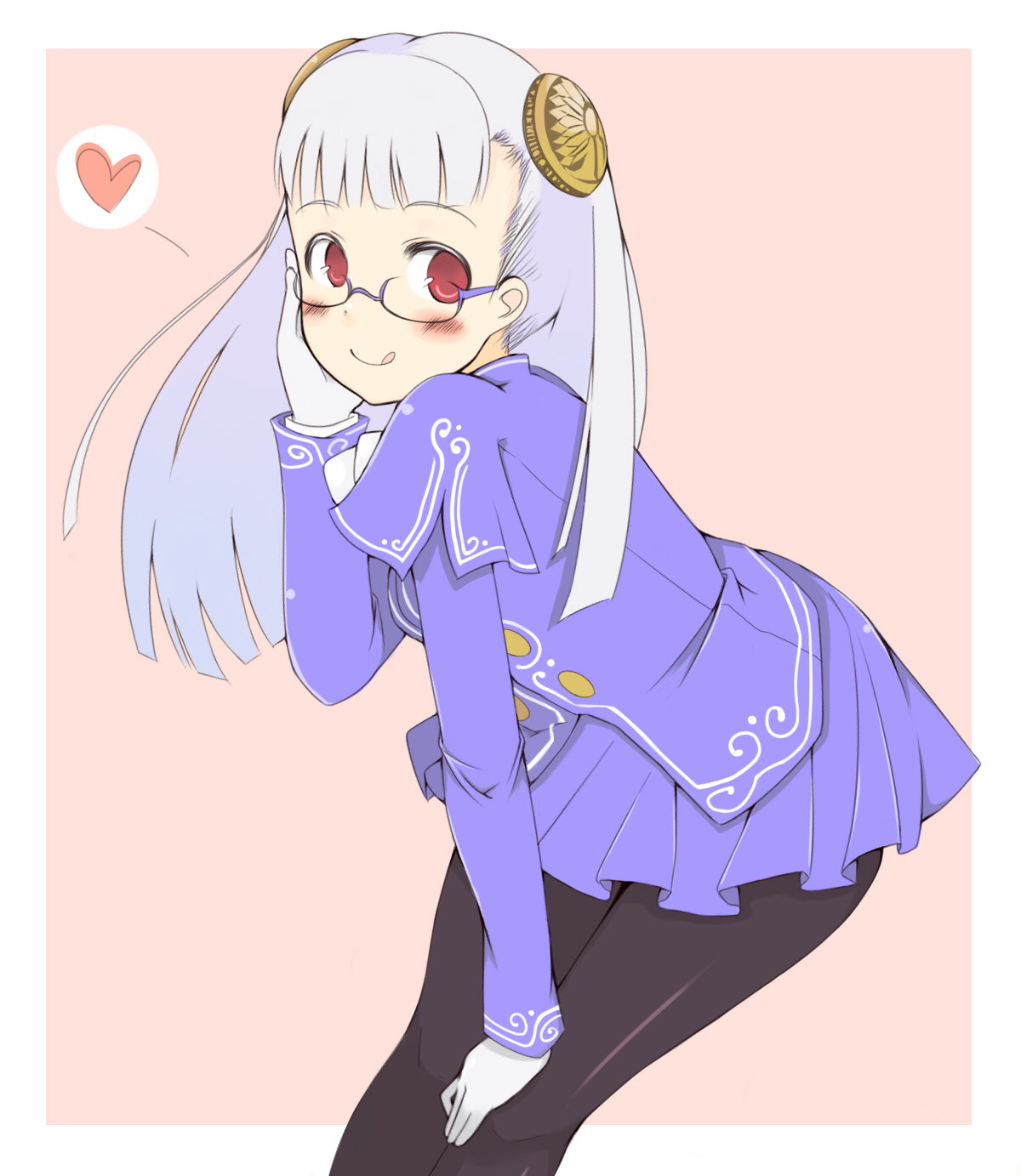 oza watto, ingrid (capcom), capcom, capcom fighting jam, highres, 1girl, :q, albino, bent over, bespectacled, blush, female focus, glasses, hairpods, heart, long hair, pantyhose, red eyes, simple background, skirt, solo, tongue, tongue out, white hair