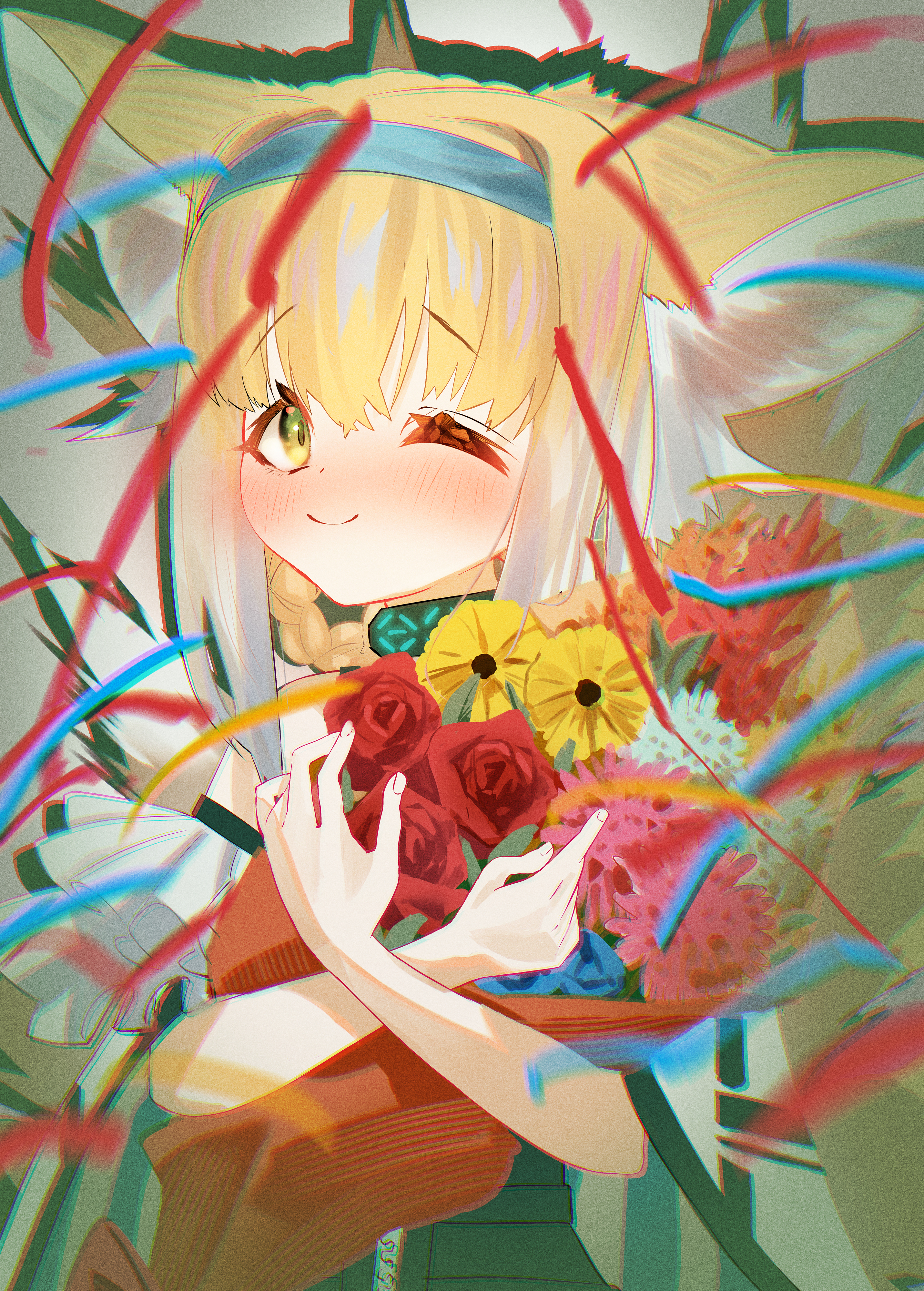 hame ana zpoo, infection monitor (arknights), suzuran (arknights), arknights, absurdres, commentary, highres, 1girl, animal ears, blonde hair, blue hairband, blush, bouquet, closed mouth, flower, fox ears, fox girl, fox tail, green eyes, hairband, holding, holding bouquet, kitsune, kyuubi, multiple tails, one eye closed, pink flower, red flower, smile, solo, streamers, tail, yellow flower