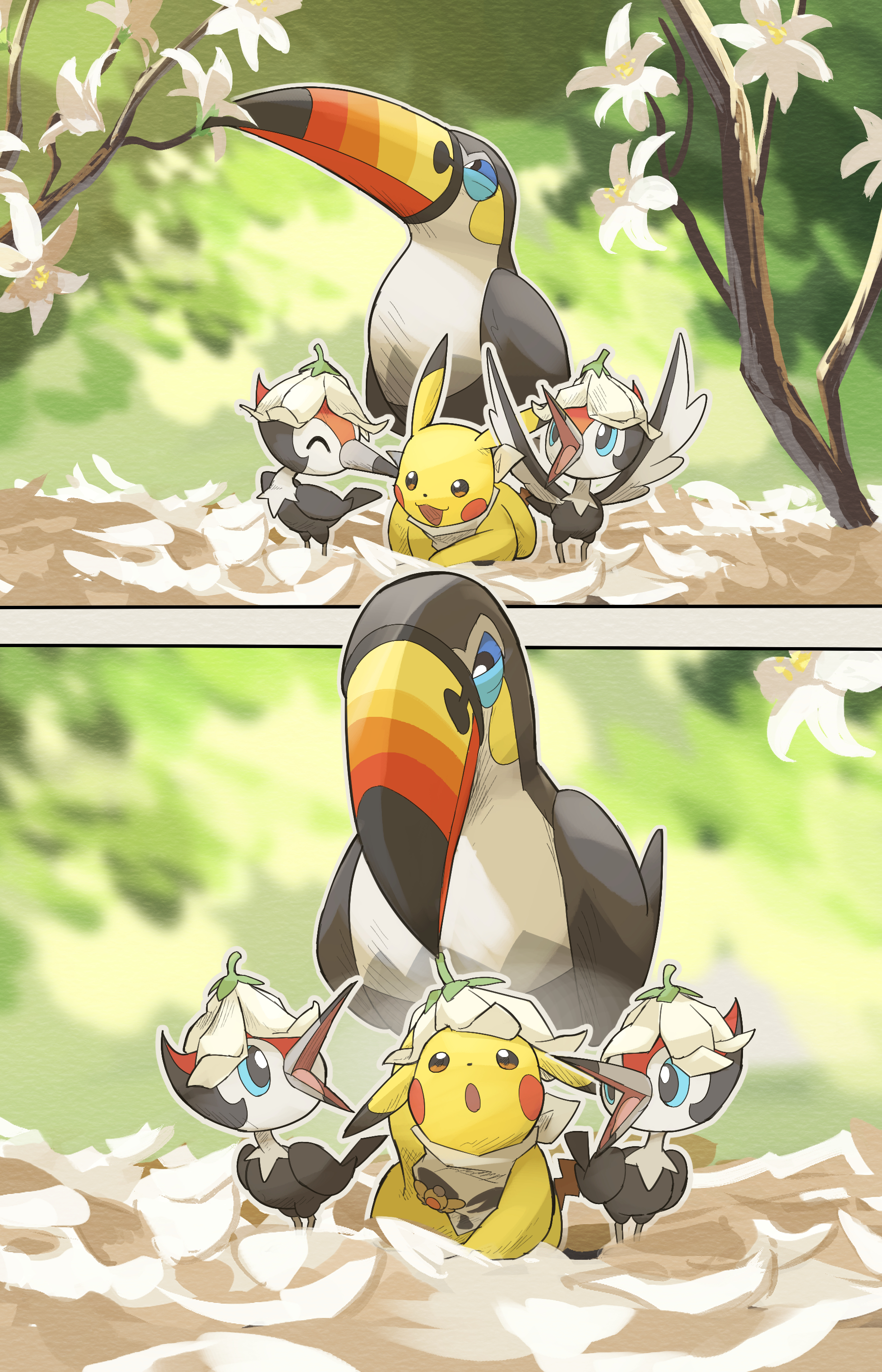 yamaori (hakkentai pokedan), pikachu, pikipek, toucannon, nintendo, pokemon, absurdres, highres, bandana, bandana around neck, beak, bird, blue eyes, brown eyes, closed mouth, flower, gen 1 pokemon, gen 7 pokemon, no humans, open mouth, outdoors, petals, pokemon (creature), pokemon focus, smile, tail, toucan, white bandana, wings