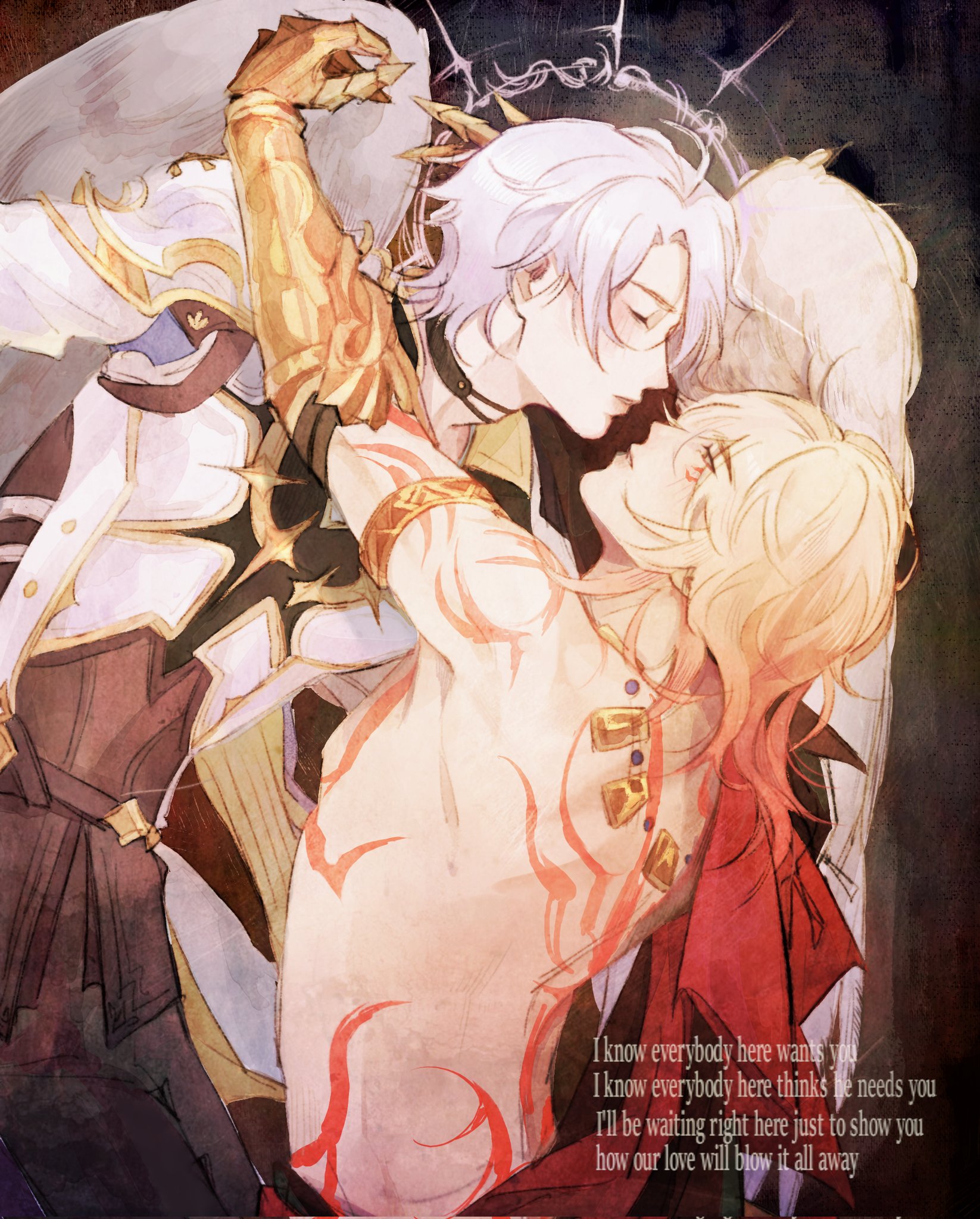mydei (honkai: star rail), phainon (honkai: star rail), honkai: star rail, honkai (series), commentary, english commentary, highres, 2boys, antenna hair, arm tattoo, armlet, back tattoo, black choker, black coat, black shirt, blonde hair, blue eyes, braid, cape, chest tattoo, choker, clawed gauntlets, coat, facial tattoo, gradient hair, jewelry, male focus, medium hair, multicolored hair, multiple boys, open clothes, open coat, parted bangs, red cape, red hair, red tattoo, shirt, short hair, side braid, side cape, tattoo, tengu0, white coat, white hair, white wings, wings, yaoi, yellow eyes