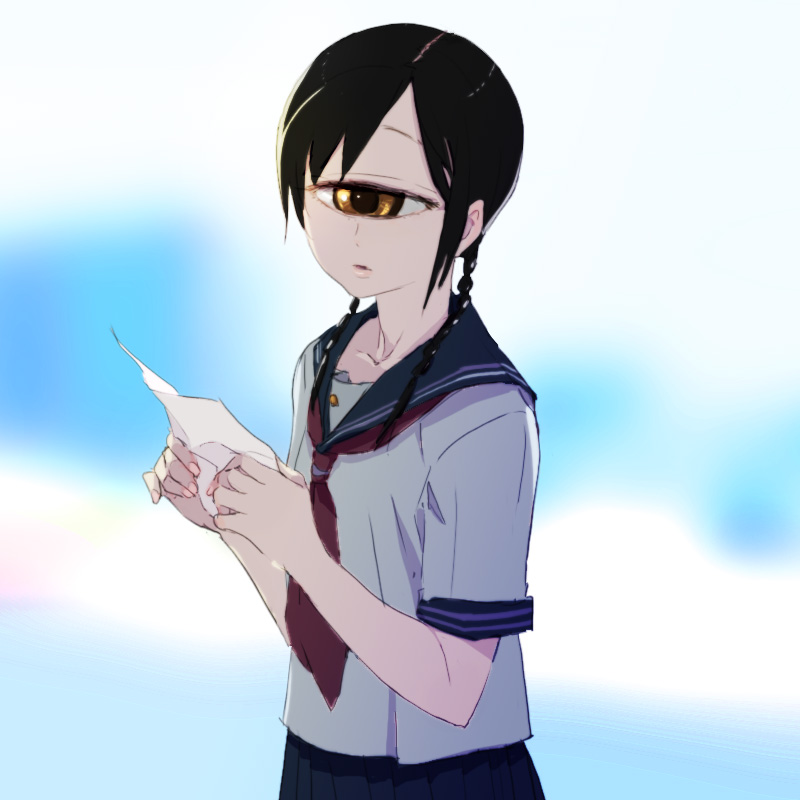 mebae, original, 1girl, black hair, braid, cyclops, female focus, hair over shoulder, one-eyed, school uniform, serafuku, solo, twin braids, yellow eyes