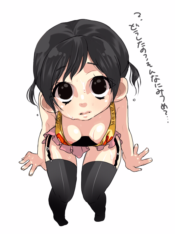 oomuro, oomuro (omuraisu), original, bad id, bad pixiv id, 1girl, areola slip, breasts, covered erect nipples, downblouse, female focus, garter belt, medium breasts, nipples, solo, sweat, thighhighs