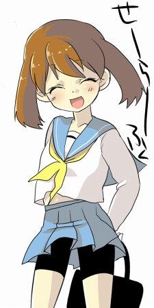 oomuro, oomuro (omuraisu), may (pokemon), nintendo, pokemon, bad id, bad pixiv id, lowres, 1girl, alternate costume, bike shorts, bike shorts under skirt, female focus, school uniform, serafuku, simple background, solo, white background