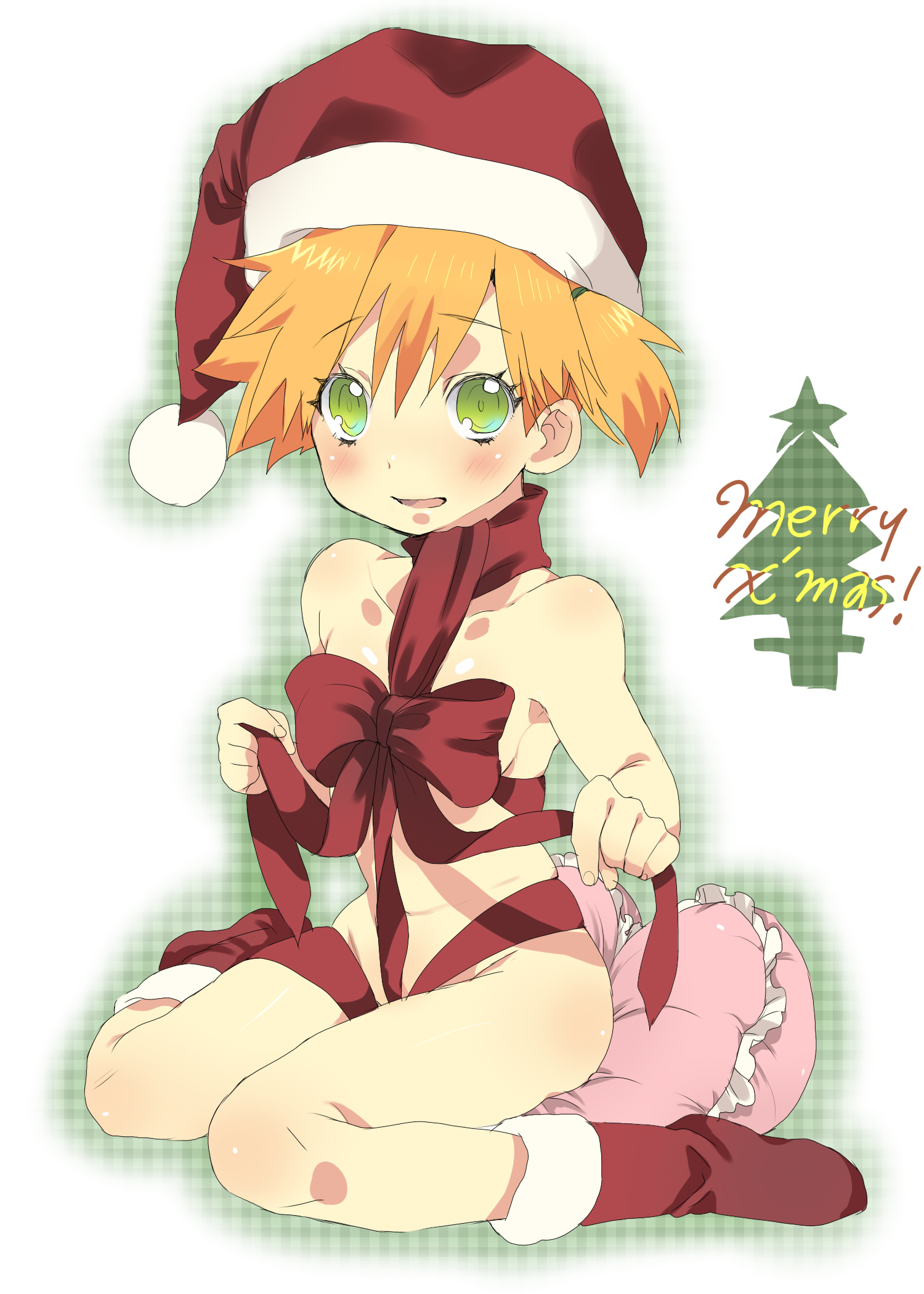 oomuro, oomuro (omuraisu), misty (pokemon), nintendo, pokemon, bad id, bad pixiv id, highres, 1girl, bow, christmas, female focus, green eyes, gym leader, hat, nude, orange hair, ribbon, simple background, sitting, socks, solo, white background