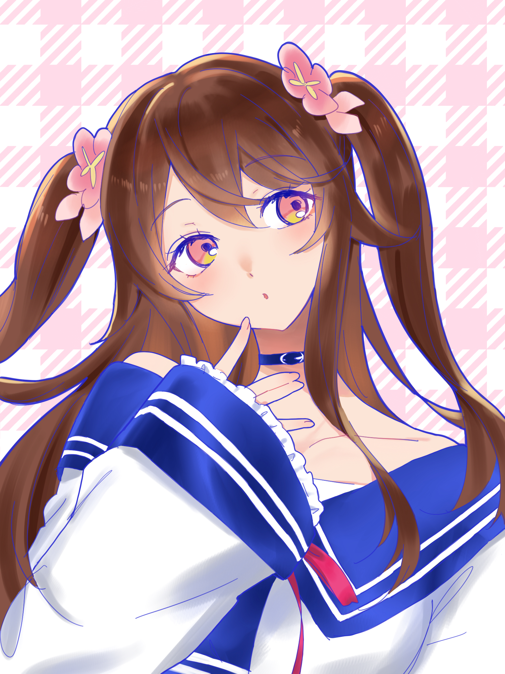 shakeza, assault lily, commentary request, highres, 1girl, arm at side, bare shoulders, black choker, blue sailor collar, brown hair, checkered background, choker, flower, frilled sleeves, frills, hair between eyes, hair flower, hair ornament, hand up, head tilt, long hair, long sleeves, looking ahead, looking to the side, off shoulder, oguri hidaka, orange eyes, parted lips, pink background, pink flower, red ribbon, ribbon, sailor collar, school uniform, serafuku, shirt, sidelocks, sideways glance, solo, two side up, upper body, white shirt, wide sleeves