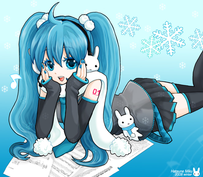 meow (artist), hatsune miku, vocaloid, bad id, bad pixiv id, 00s, 1girl, 2008, :d, ahoge, blue eyes, blue hair, character name, colored eyelashes, detached sleeves, earmuffs, female focus, headset, long hair, lying, matching hair/eyes, nail polish, necktie, on stomach, open mouth, pom pom (clothes), scarf, sheet music, skirt, smile, snowflakes, solo, thighhighs, twintails, white scarf