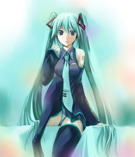 kuno touya, hachune miku, hatsune miku, vocaloid, aqua hair, blue eyes, detached sleeves, headset, long hair, necktie, panties, sitting, skirt, solo, thighhighs, twintails, underwear, very long hair