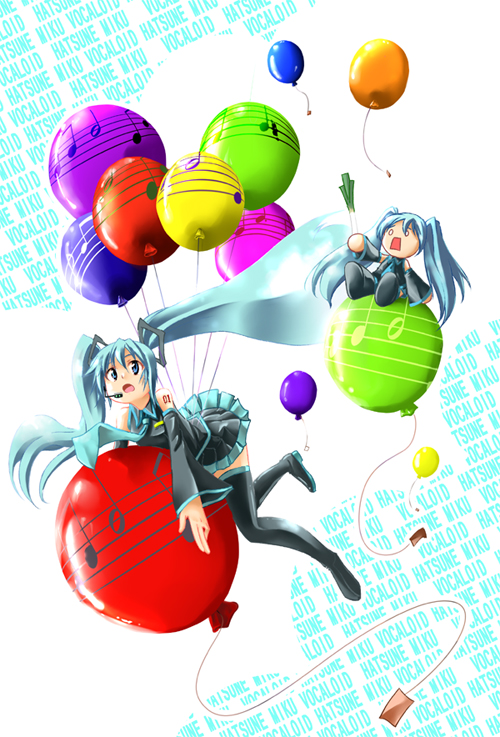 kuno touya, hachune miku, hatsune miku, vocaloid, balloon, blue eyes, blue hair, detached sleeves, headset, long hair, musical note, necktie, skirt, spring onion, thighhighs, twintails, very long hair