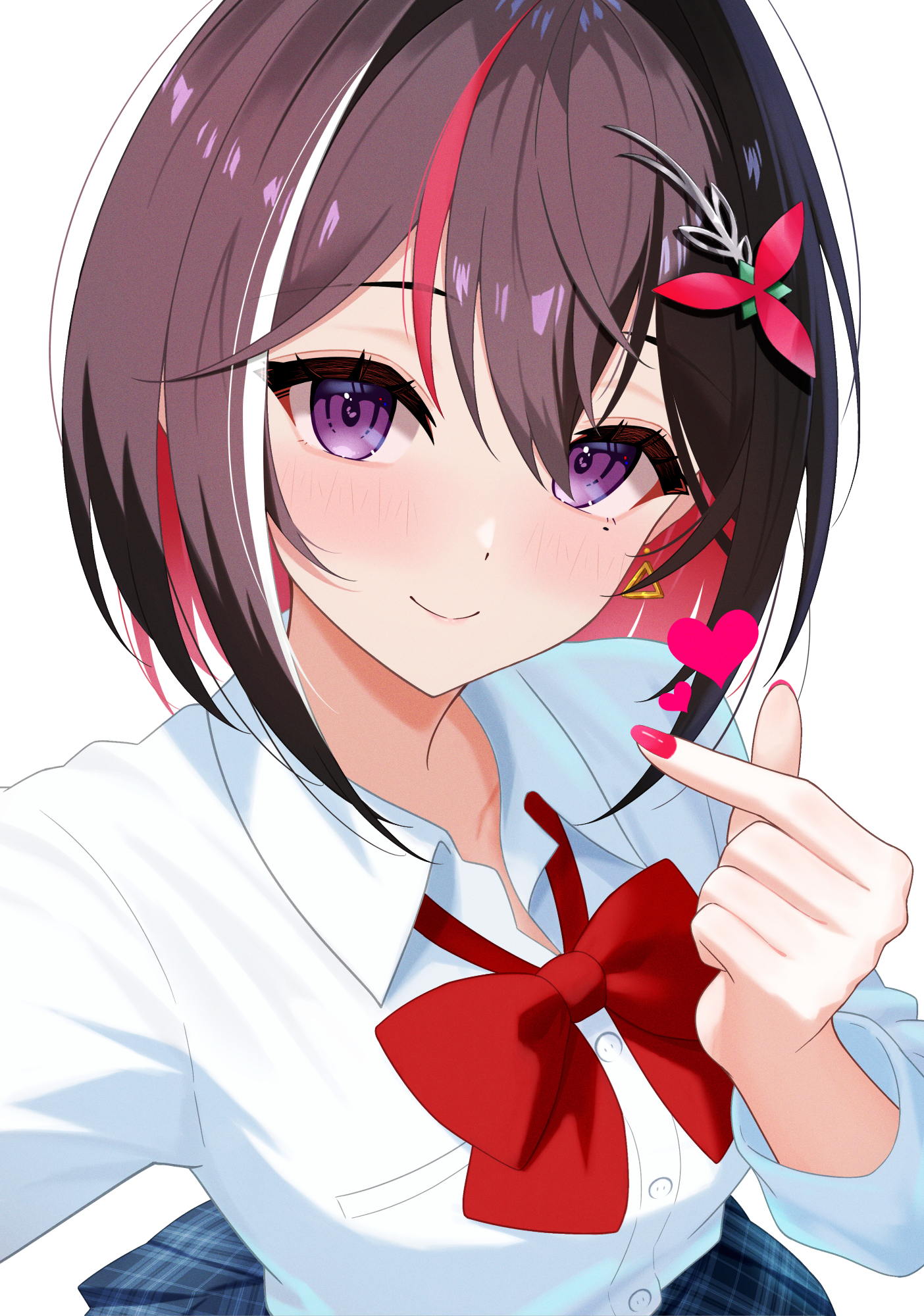 telu (teluscarlet), azki (hololive), hololive, commentary request, highres, 1girl, alternate costume, black hair, blue skirt, bob cut, bow, bowtie, closed mouth, collared shirt, colored inner hair, double-parted bangs, dress shirt, finger heart, hair intakes, hair ornament, hairclip, hand up, looking at viewer, loose bowtie, mole, mole under eye, multicolored hair, pink hair, pleated skirt, purple eyes, red bow, red bowtie, school uniform, shirt, short hair, simple background, skirt, smile, solo, streaked hair, triangle mouth, virtual youtuber, white background, white hair, white shirt