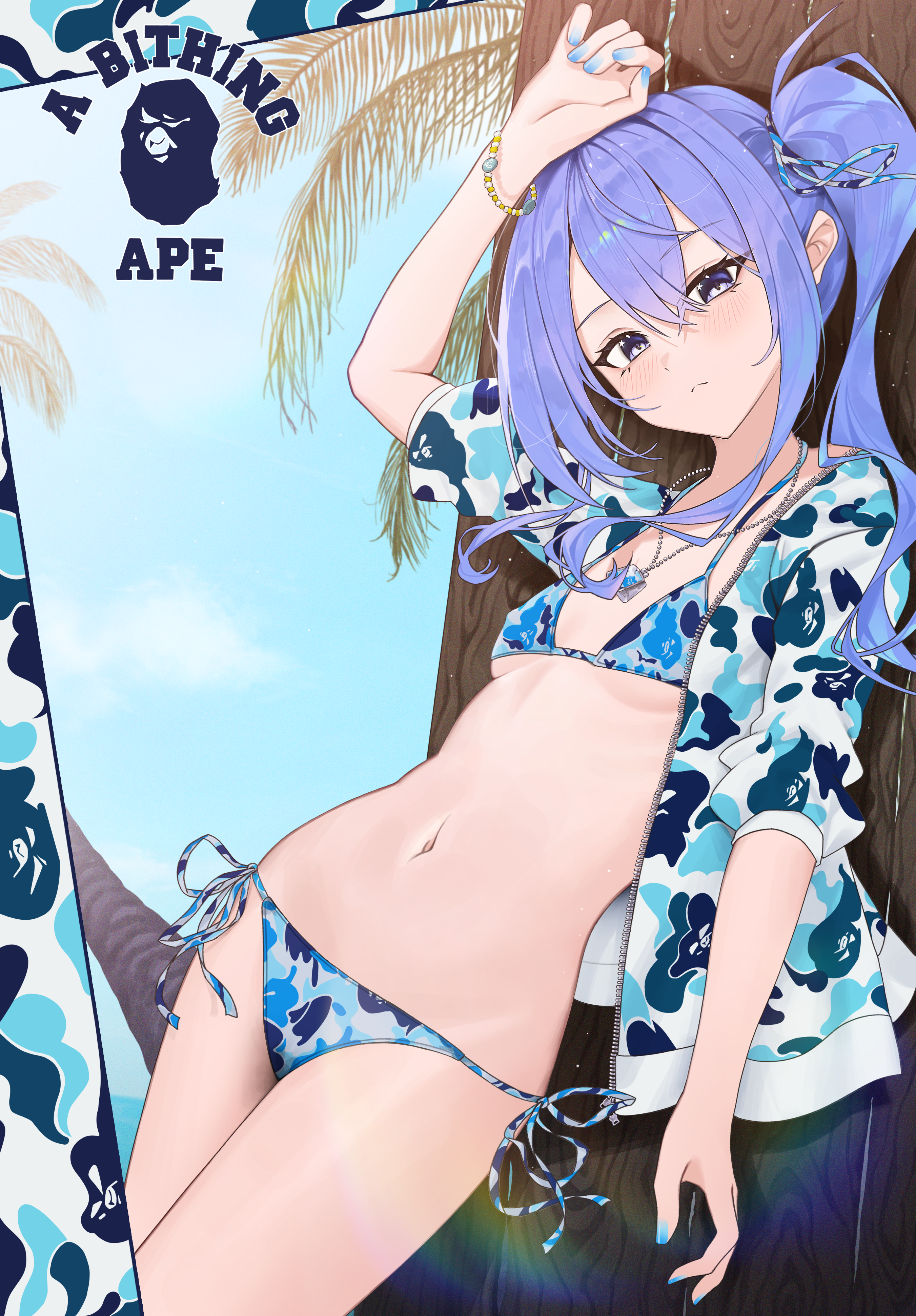 yozora (1wkdgusdn), hoshimachi suisei, hololive, absurdres, commentary request, highres, 1girl, :<, a bathing ape, arm up, bikini, blue bikini, blue eyes, blue hair, blue jacket, blue nails, bracelet, breasts, closed mouth, covered erect nipples, day, dog tags, double-parted bangs, hair between eyes, hair ribbon, halterneck, jacket, jewelry, long hair, looking at viewer, nail polish, navel, outdoors, print bikini, ribbon, side-tie bikini bottom, side ponytail, sidelocks, small breasts, solo, star (symbol), star in eye, stomach, swimsuit, symbol in eye, virtual youtuber