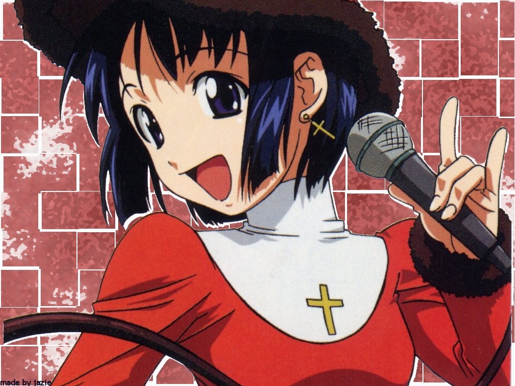 maehara shinobu, love hina, blue eyes, blue hair, cosplay, happy, music, singing