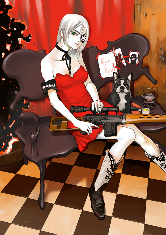 sakura7, original, armband, boots, dog, dress, eyepatch, green eyes, gun, pale skin, rifle, short hair, sitting, sniper rifle, solo, weapon, white hair