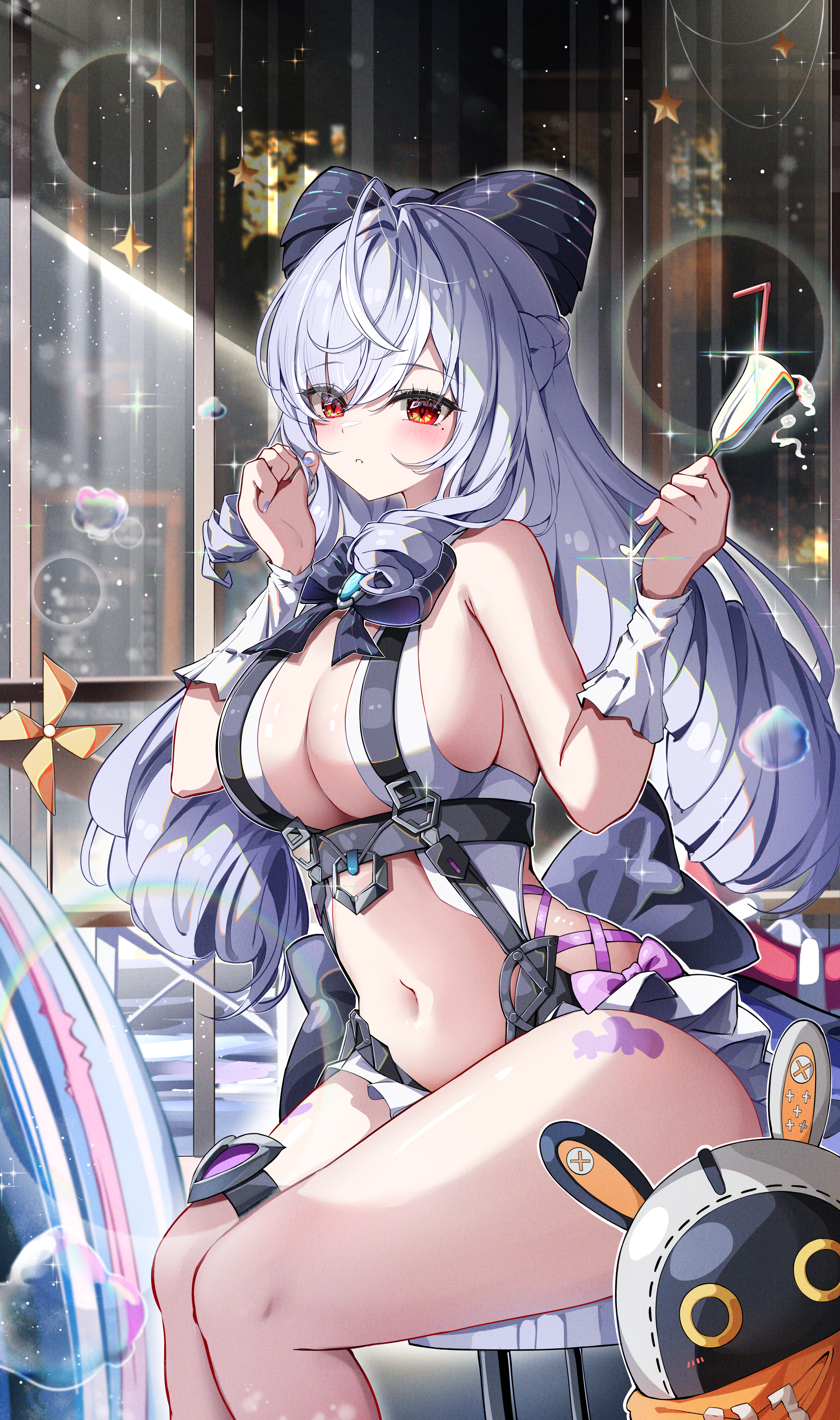 yeni1871, bangboo (zenless zone zero), eous (zenless zone zero), vivian banshee, vivian banshee (iris of the shore), zenless zone zero, absurdres, commentary, highres, 1girl, adapted costume, bandana, bandana around neck, bare shoulders, black bow, blush, bow, bowtie, breasts, chair, clothing cutout, cup, drill hair, drink, drinking straw, feet out of frame, fingernails, frilled one-piece swimsuit, frills, glass, hair bow, hands up, holding, holding cup, indoors, long hair, looking at viewer, mole, mole under eye, multicolored hair, nail polish, navel, night, official alternate costume, one-piece swimsuit, orange bandana, parted lips, pinwheel, purple bow, purple bowtie, purple hair, purple nails, red eyes, sitting, sparkle, star (symbol), stomach, stomach cutout, streaked hair, swimsuit, thigh strap, thighs, window