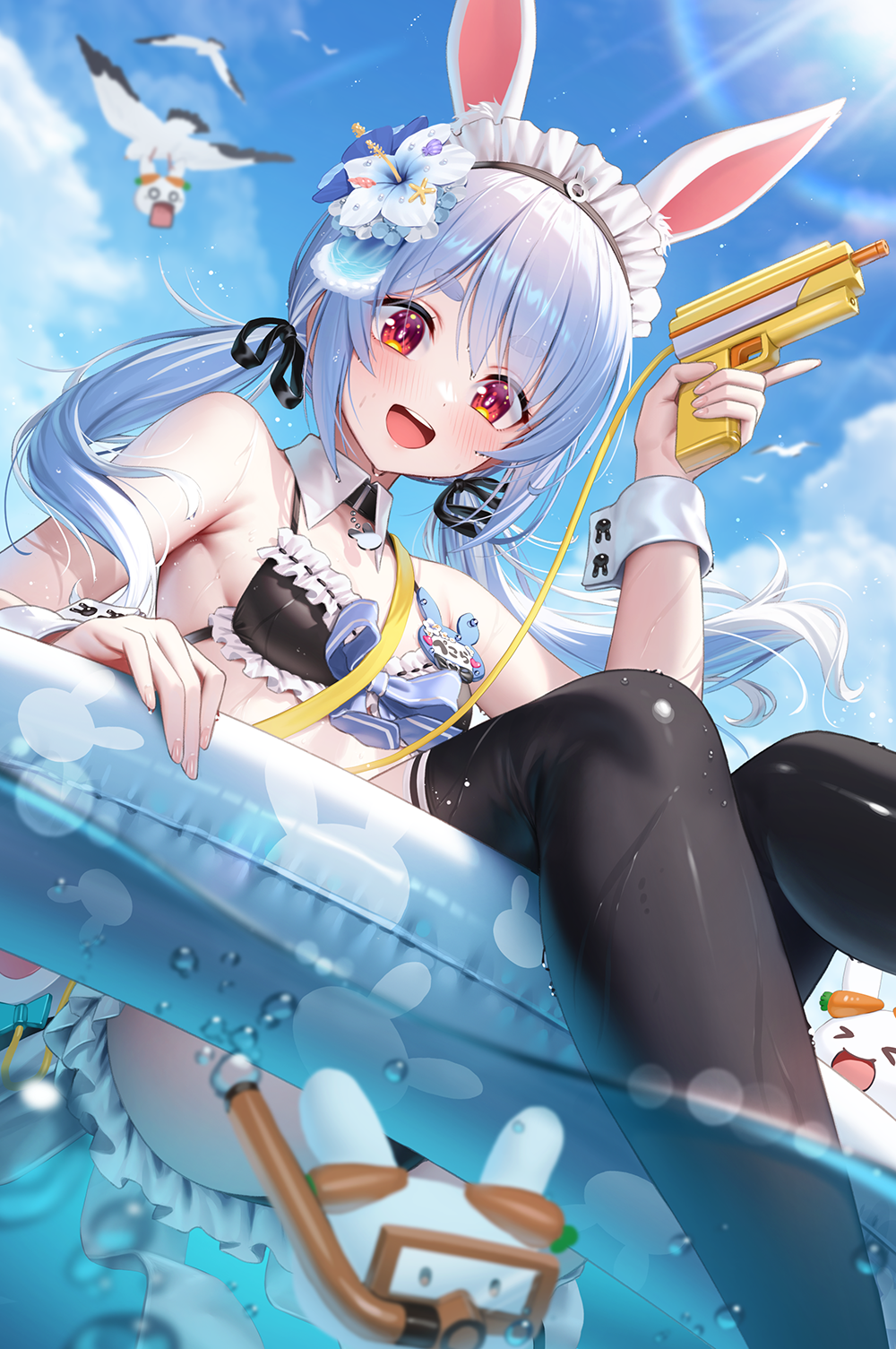 suraimu (suraimuraimu), pekomon (usada pekora), usada pekora, usada pekora (holonatsu paradise), hololive, commentary, highres, symbol-only commentary, 1girl, :d, animal ears, bikini, black bikini, black thighhighs, blue hair, breasts, day, extra ears, frilled bikini, frills, front-tie bikini top, front-tie top, hand up, hikimayu, holding, holding water gun, long hair, looking at viewer, maid headdress, multicolored hair, ocean, official alternate costume, on innertube, open mouth, outdoors, partially submerged, partially underwater shot, rabbit-shaped pupils, rabbit ears, rabbit girl, red eyes, short eyebrows, small breasts, smile, solo, swimsuit, symbol-shaped pupils, teeth, thick eyebrows, thighhighs, twintails, two-tone hair, upper teeth only, virtual youtuber, water gun, white hair, white wrist cuffs, wrist cuffs