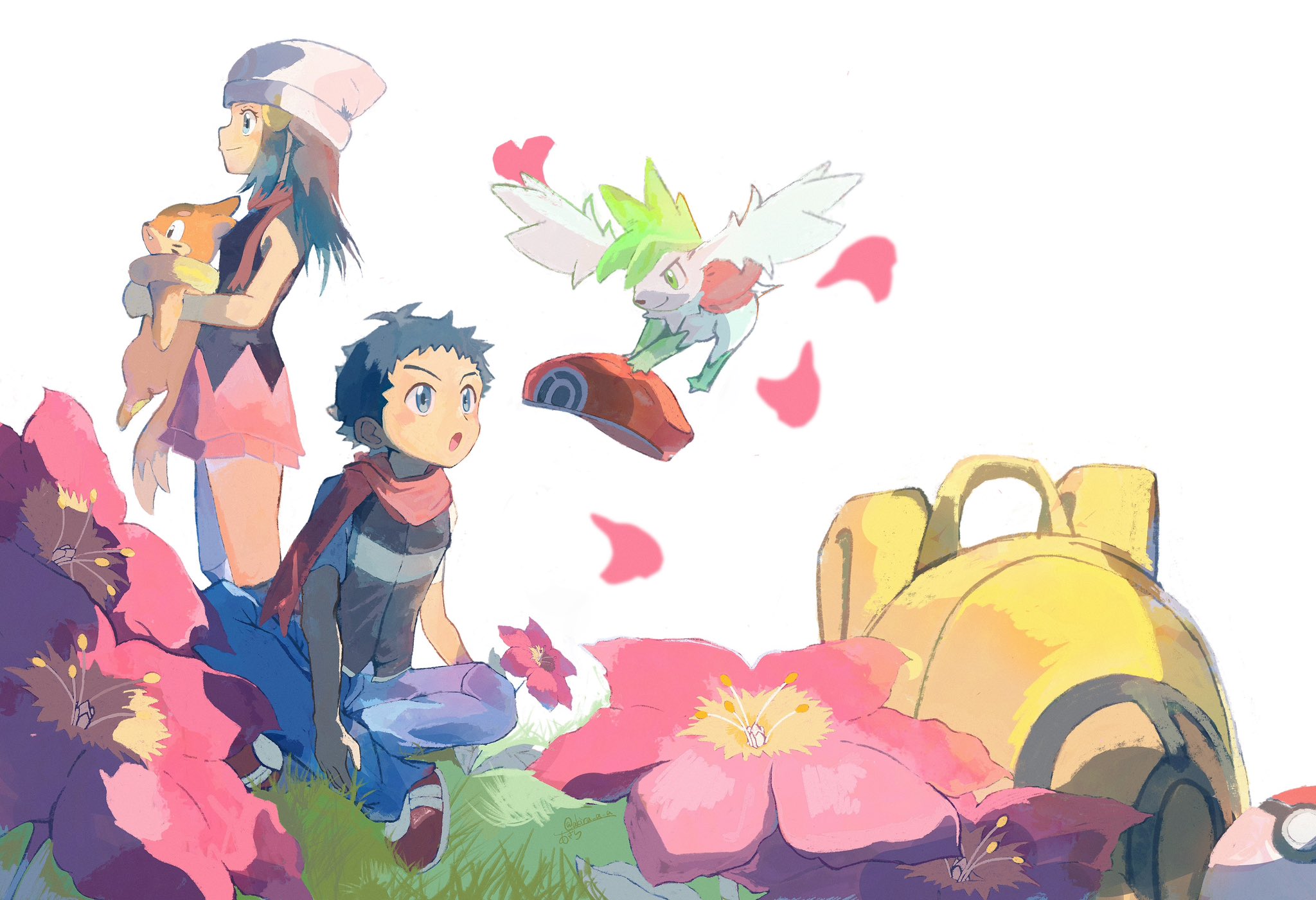 akira a a, buizel, dawn (pokemon), lucas (pokemon), shaymin, shaymin (sky), nintendo, pokemon, pokemon dppt, highres, 1boy, 1girl, alternate form, backpack, bag, beanie, black hair, black socks, blue eyes, blue hair, blush, breasts, closed mouth, flower, flying, gen 4 pokemon, gracidea, green fur, hair ornament, hairclip, hat, holding, holding pokemon, holding unworn clothes, holding unworn hat, legendary pokemon, long hair, mythical pokemon, open mouth, pants, pink skirt, pokemon (creature), red hat, scarf, shirt, short hair, skirt, sleeveless, smile, socks, two-tone fur, unworn hat, unworn headwear, white hat, yellow bag