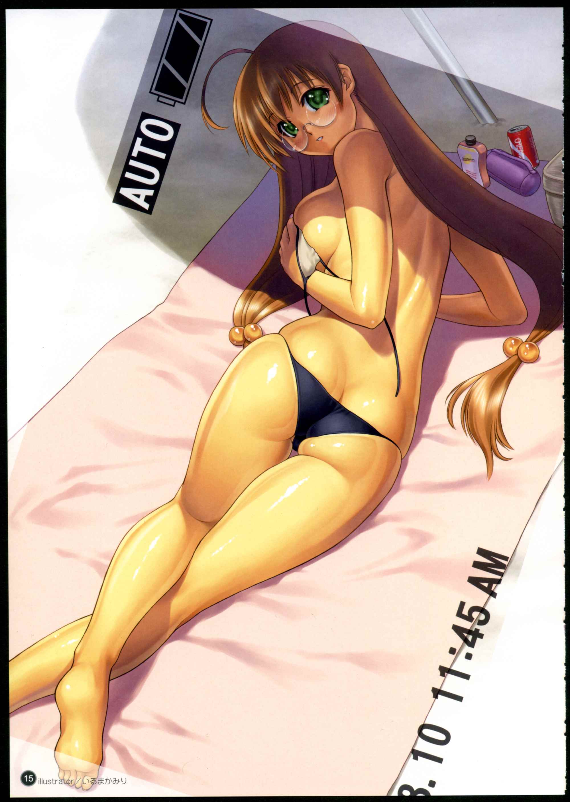 iruma kamiri, ryuubi gentoku, ikkitousen, ikkitousen great guardians, breast hold, untied, absurdres, highres, scan, 00s, 1girl, ahoge, ass, back, barefoot, bikini, black border, blush, border, breasts, brown hair, butt crack, can, covering breasts, covering privates, crossed legs, curvy, feet, female focus, from behind, glasses, green eyes, hair bobbles, hair ornament, large breasts, long hair, looking at viewer, looking back, low-tied long hair, lowleg, lowleg bikini, lying, on stomach, pov, shadow, shiny skin, sideboob, skindentation, soles, solo, string bikini, swimsuit, tan, thighs, towel, twintails, undersized clothes, very long hair, viewfinder