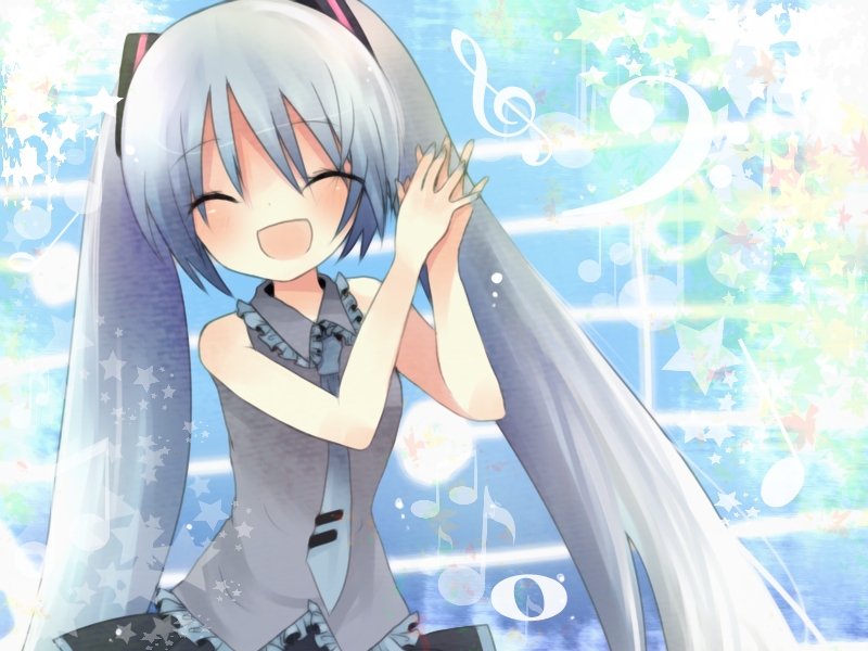 ou (swdp), hatsune miku, vocaloid, 1girl, closed eyes, female focus, happy, long hair, musical note, musical staff, necktie, solo, twintails