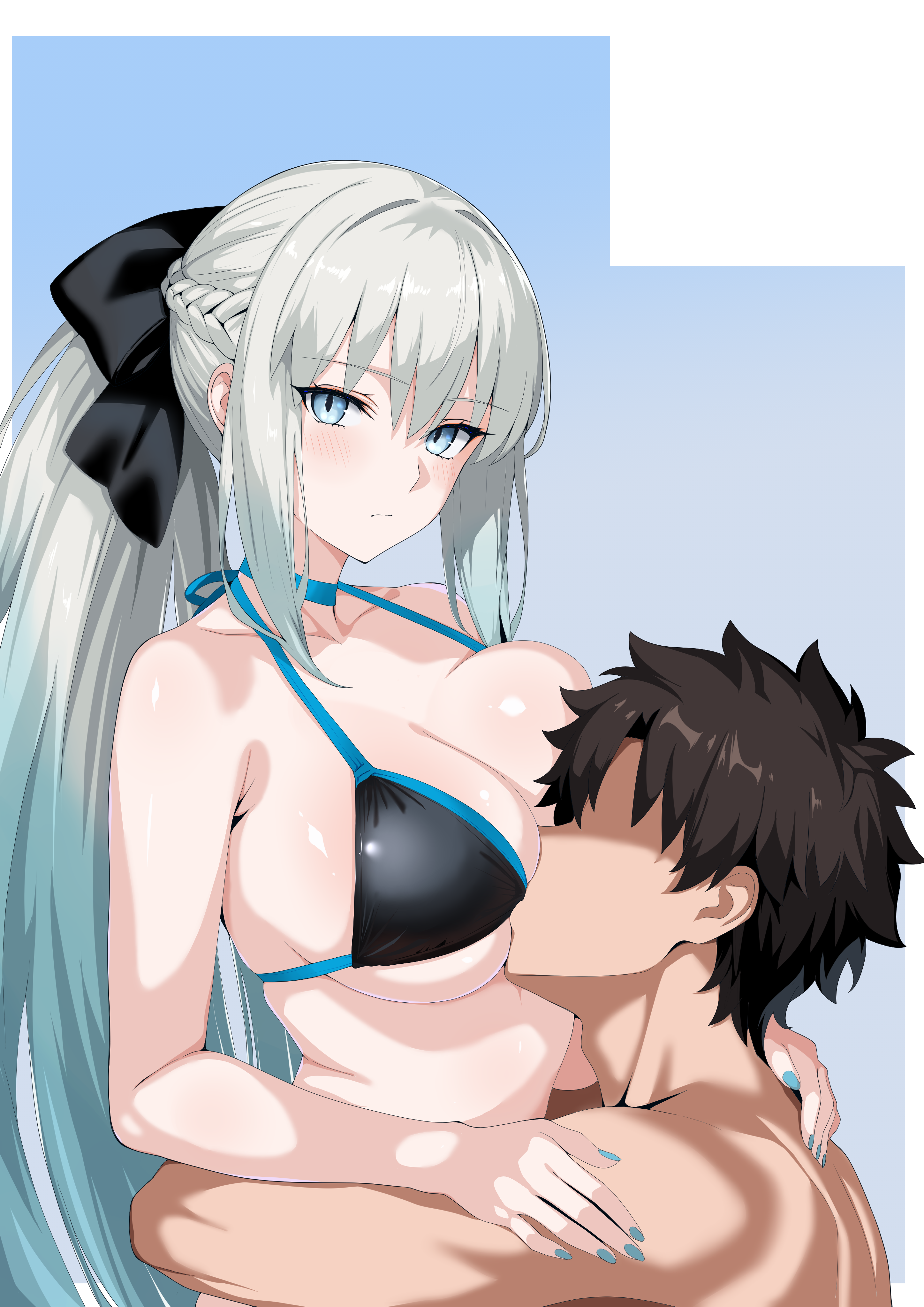 oji (drawingchinchin), morgan le fay (fate), fate/grand order, fate (series), absurdres, highres, 1boy, 1girl, bare shoulders, between breasts, bikini, black bikini, black hair, blue eyes, blush, bow, braid, breasts, choker, cleavage, face between breasts, grey hair, hair bow, head between breasts, hug, long hair, looking at viewer, ponytail, short hair, sidelocks, swimsuit, very long hair