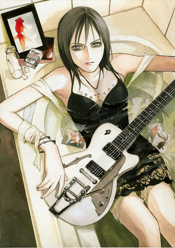 sakura7, bath, body writing, brown hair, cross, dress, english text, grey eyes, guitar, instrument, jewelry, nail polish, necklace, solo, water, wet