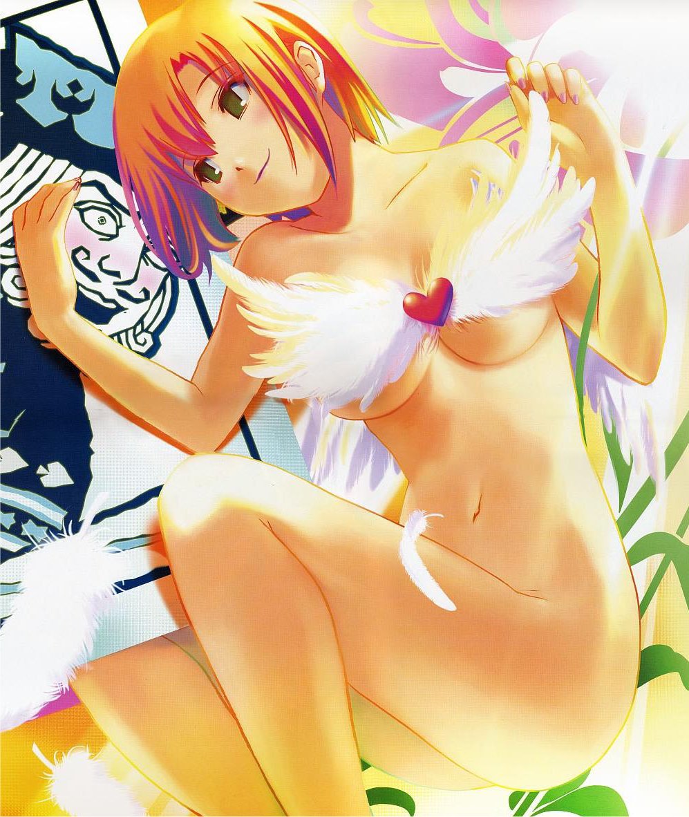 koutaro, rio rollins, super blackjack, 1girl, breasts, feathers, female focus, green eyes, large breasts, lying, nude, orange hair, short hair, solo