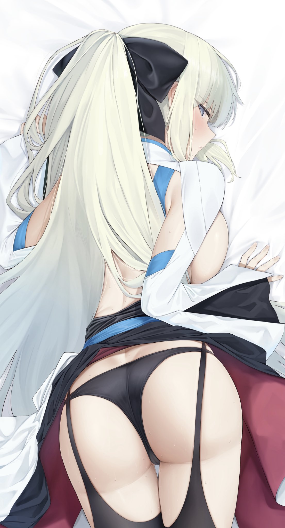 okuma707, morgan le fay (fate), fate/grand order, fate (series), original, highres, 1girl, ass, ass focus, back, bed sheet, black bow, black dress, blue eyes, blush, bow, braid, breasts, butt crack, cleavage, dakimakura (medium), dress, from behind, grey hair, hair bow, half up braid, huge ass, large breasts, long hair, long sleeves, looking at viewer, looking back, lying, on back, panties, ponytail, sidelocks, solo, two-tone dress, underwear, very long hair, white hair