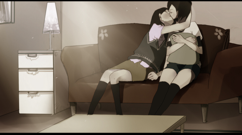 shigureteki, original, 2girls, brown hair, couch, drawer, hugging object, indoors, kiss, lamp, letterboxed, multiple girls, pillow, pillow hug, short hair, sitting, table, thighhighs, yuri