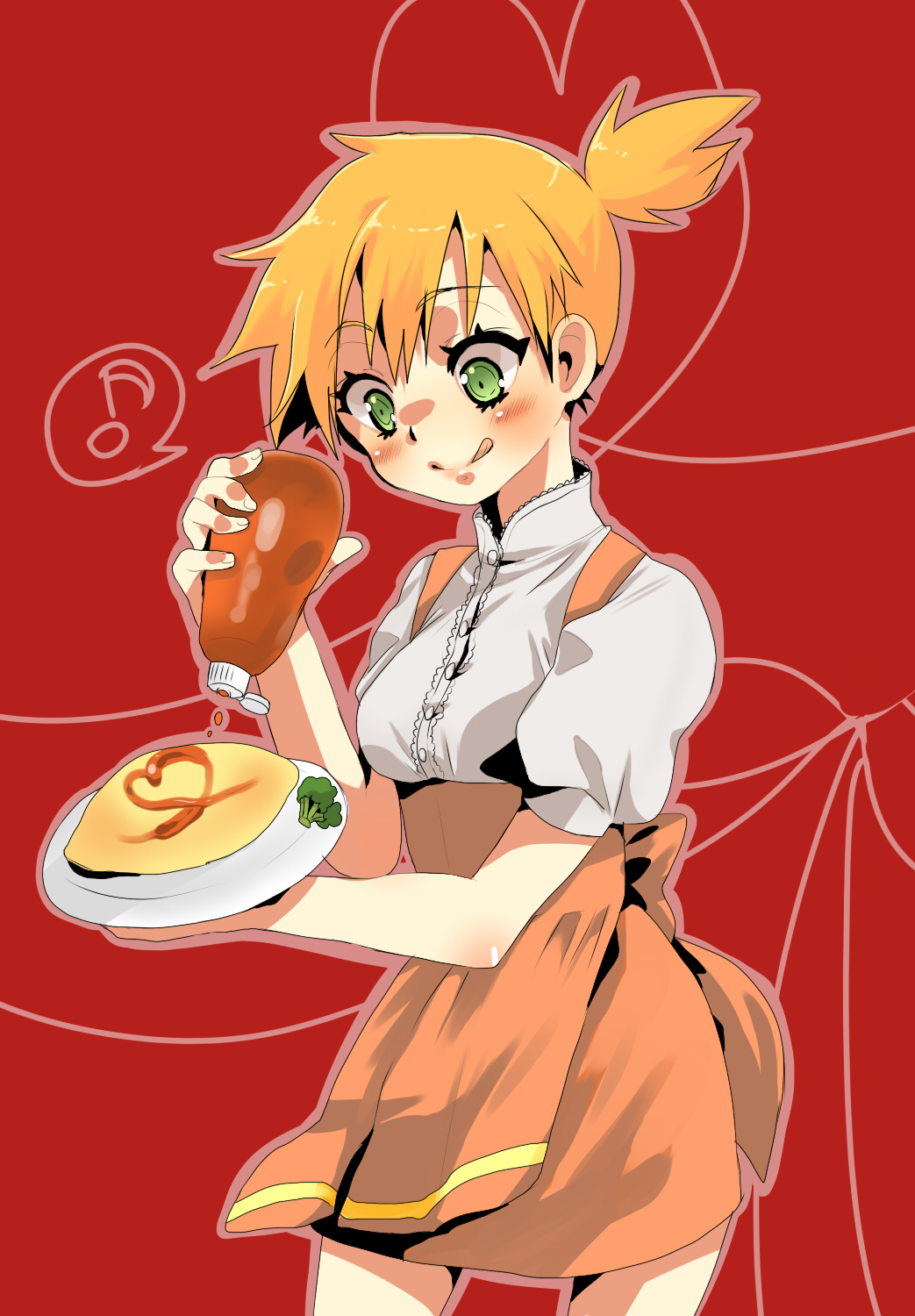 oomuro, oomuro (omuraisu), misty (pokemon), nintendo, pokemon, bad id, bad pixiv id, highres, 1girl, female focus, food, green eyes, gym leader, heart, heart of string, orange hair, solo, waitress