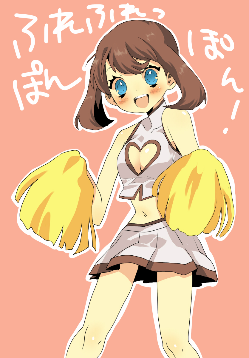 oomuro, oomuro (omuraisu), may (pokemon), nintendo, pokemon, bad id, bad pixiv id, highres, 1girl, alternate costume, breasts, cheerleader, cleavage, cleavage cutout, clothing cutout, female focus, heart, heart cutout, midriff, navel, simple background, solo