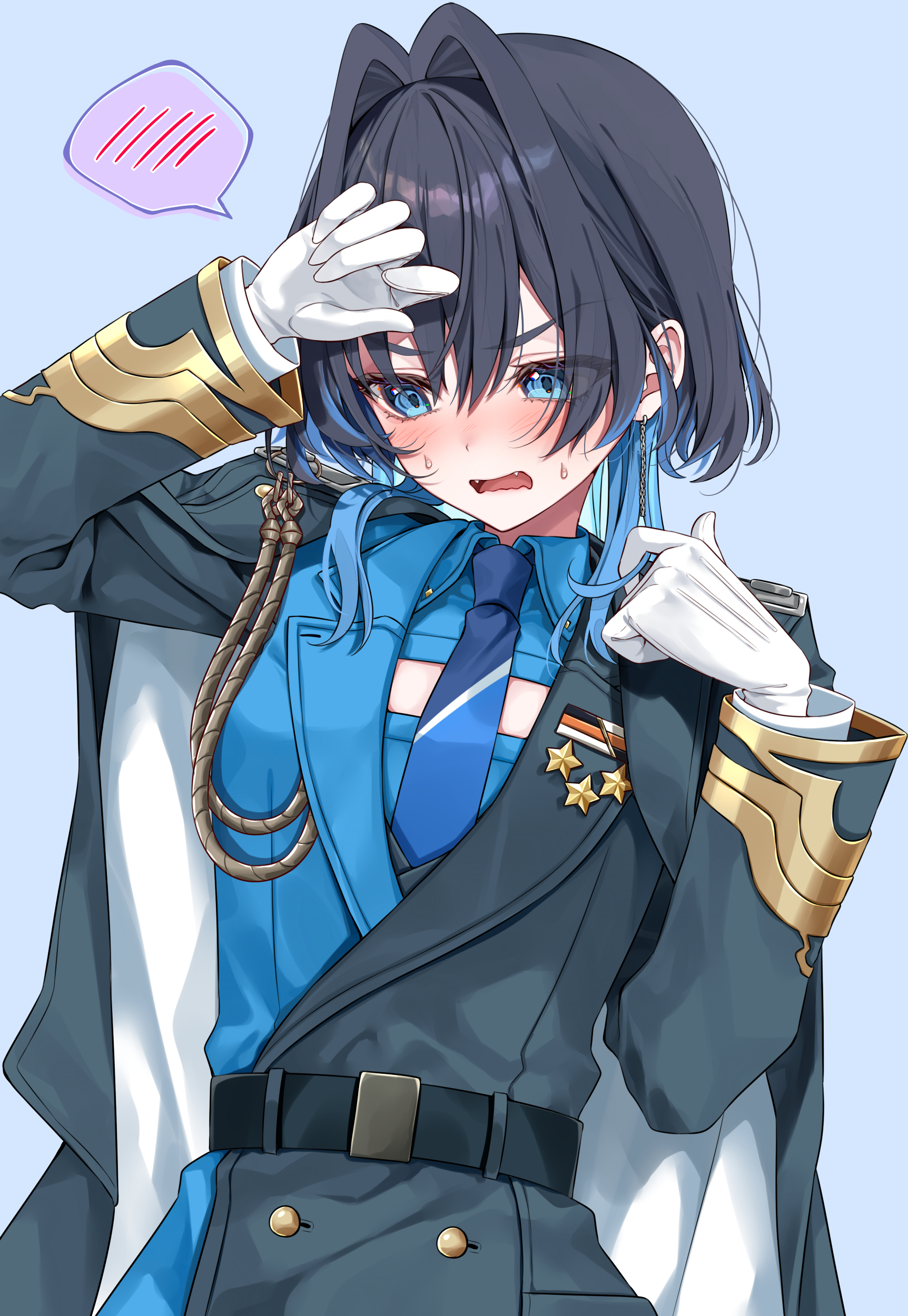 mogu (au1127), ouro kronii, ouro kronii (4th costume), hololive, hololive english, absurdres, commentary, english commentary, highres, 1girl, aiguillette, arm up, averting eyes, black coat, black jacket, blue eyes, blue hair, blue jacket, blue necktie, blue shirt, buttons, chain, chain earrings, coat, coat on shoulders, collared shirt, colored inner hair, double-breasted, fangs, gloves, grey background, hair intakes, jacket, medium hair, military uniform, multicolored hair, multicolored jacket, necktie, official alternate costume, official alternate hairstyle, open mouth, shirt, simple background, solo, spoken blush, two-tone jacket, virtual youtuber, wavy mouth, white gloves, wolf cut