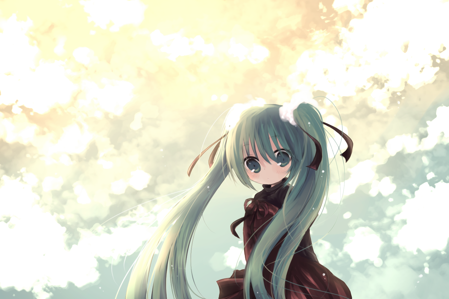 ou (swdp), hatsune miku, vocaloid, 1girl, aqua eyes, aqua hair, dress, female focus, long hair, sky, solo, twintails, very long hair