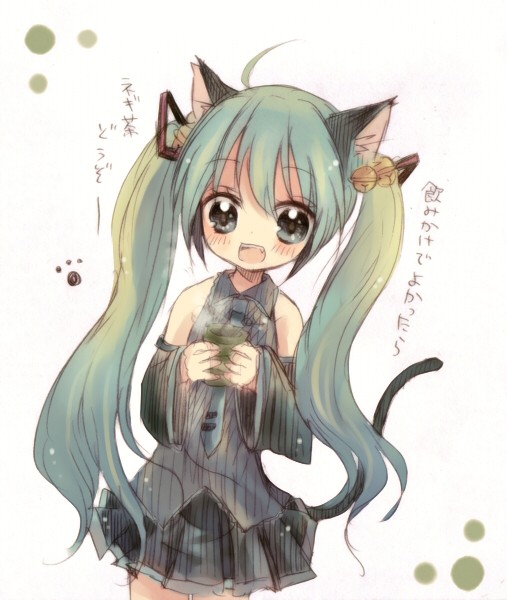 ou (swdp), hatsune miku, vocaloid, bad id, bad pixiv id, 1girl, ahoge, animal ears, aqua eyes, aqua hair, bell, cat ears, cat tail, detached sleeves, fang, female focus, jingle bell, long hair, necktie, skirt, solo, tail, tea, twintails, very long hair