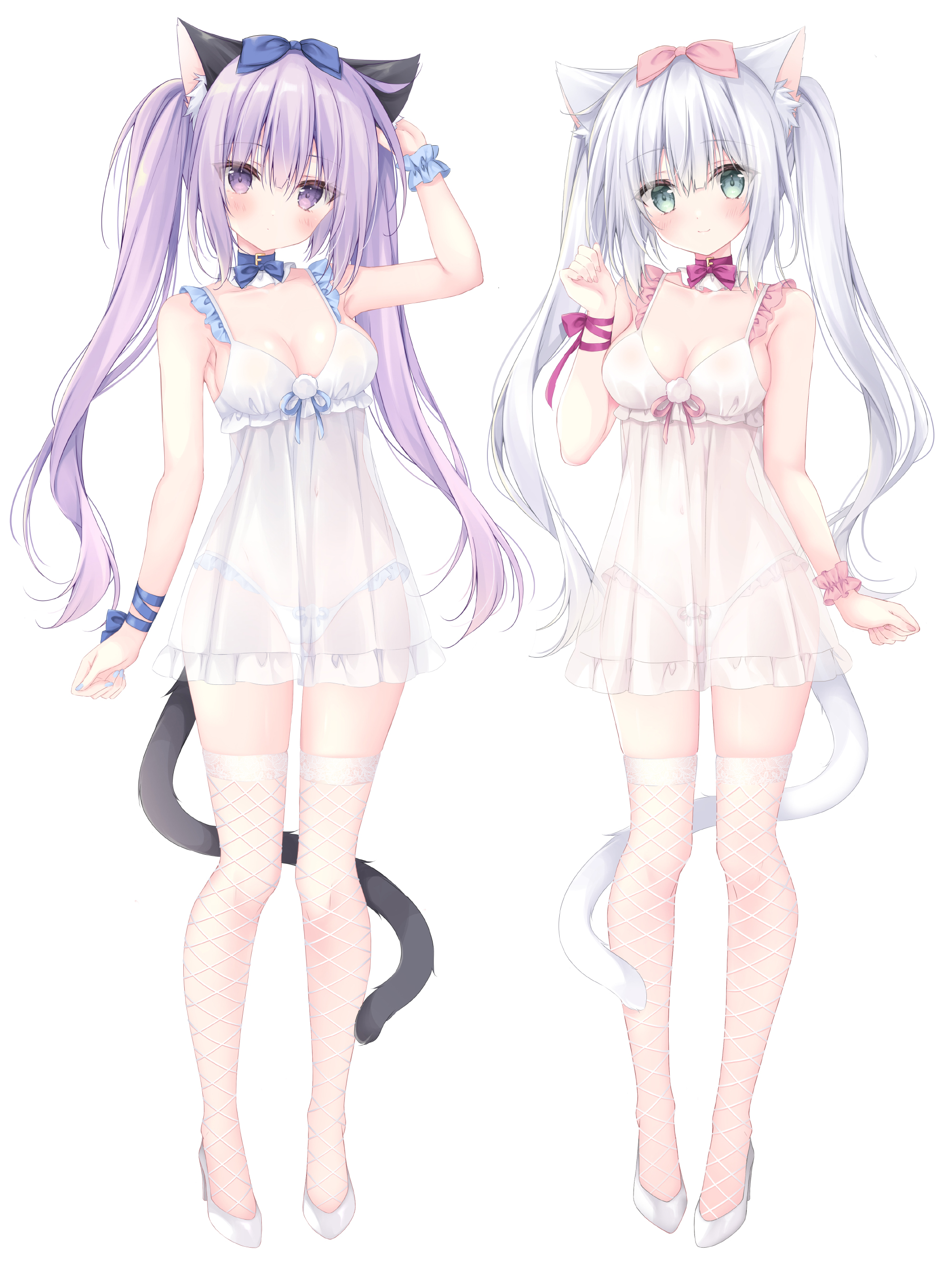 korie riko, airi (alice or alice), rise (alice or alice), alice or alice, absurdres, commentary request, highres, 2girls, animal ears, arm up, bare shoulders, blue bow, bow, bow panties, breasts, cat ears, cat girl, cat tail, cleavage, closed mouth, fishnet thighhighs, fishnets, frilled panties, frills, green eyes, grey hair, hair between eyes, hair bow, hand up, high heels, lingerie, medium breasts, multiple girls, negligee, panties, pink bow, purple eyes, purple hair, see-through clothes, shoes, simple background, smile, standing, tail, thighhighs, twintails, underwear, white background, white panties, white shoes, white thighhighs, wrist cuffs