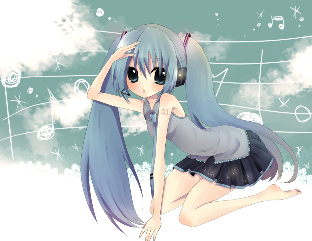 ou (swdp), hatsune miku, vocaloid, bad id, bad pixiv id, 1girl, barefoot, blue eyes, blue hair, female focus, headset, long hair, matching hair/eyes, musical note, musical staff, necktie, skirt, solo, twintails, very long hair