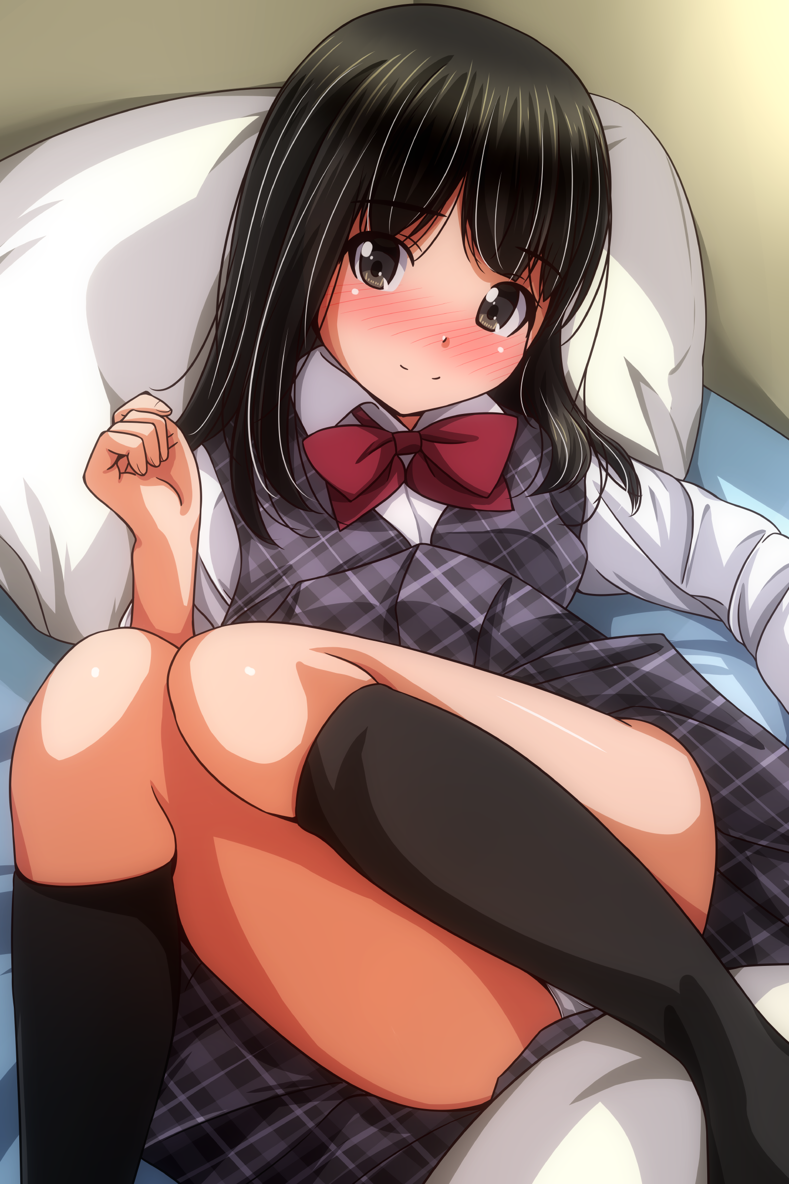 matsunaga kouyou, original, absurdres, commentary request, highres, 1girl, bed sheet, black hair, black socks, blush, bow, bowtie, brown eyes, closed mouth, collared shirt, grey skirt, grey vest, long hair, long sleeves, looking at viewer, panties, pillow, plaid clothes, plaid skirt, plaid vest, pleated skirt, red bow, red bowtie, school uniform, shirt, skirt, smile, socks, solo, thighs, underwear, vest, white panties, white shirt