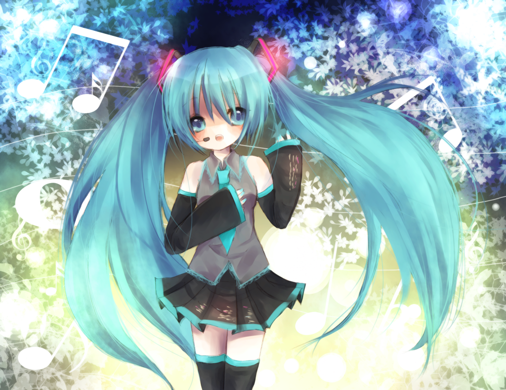 ou (swdp), hatsune miku, vocaloid, bad id, bad pixiv id, 1girl, blue eyes, blue hair, blush, detached sleeves, female focus, headset, long hair, matching hair/eyes, musical note, necktie, skirt, solo, thighhighs, twintails, very long hair