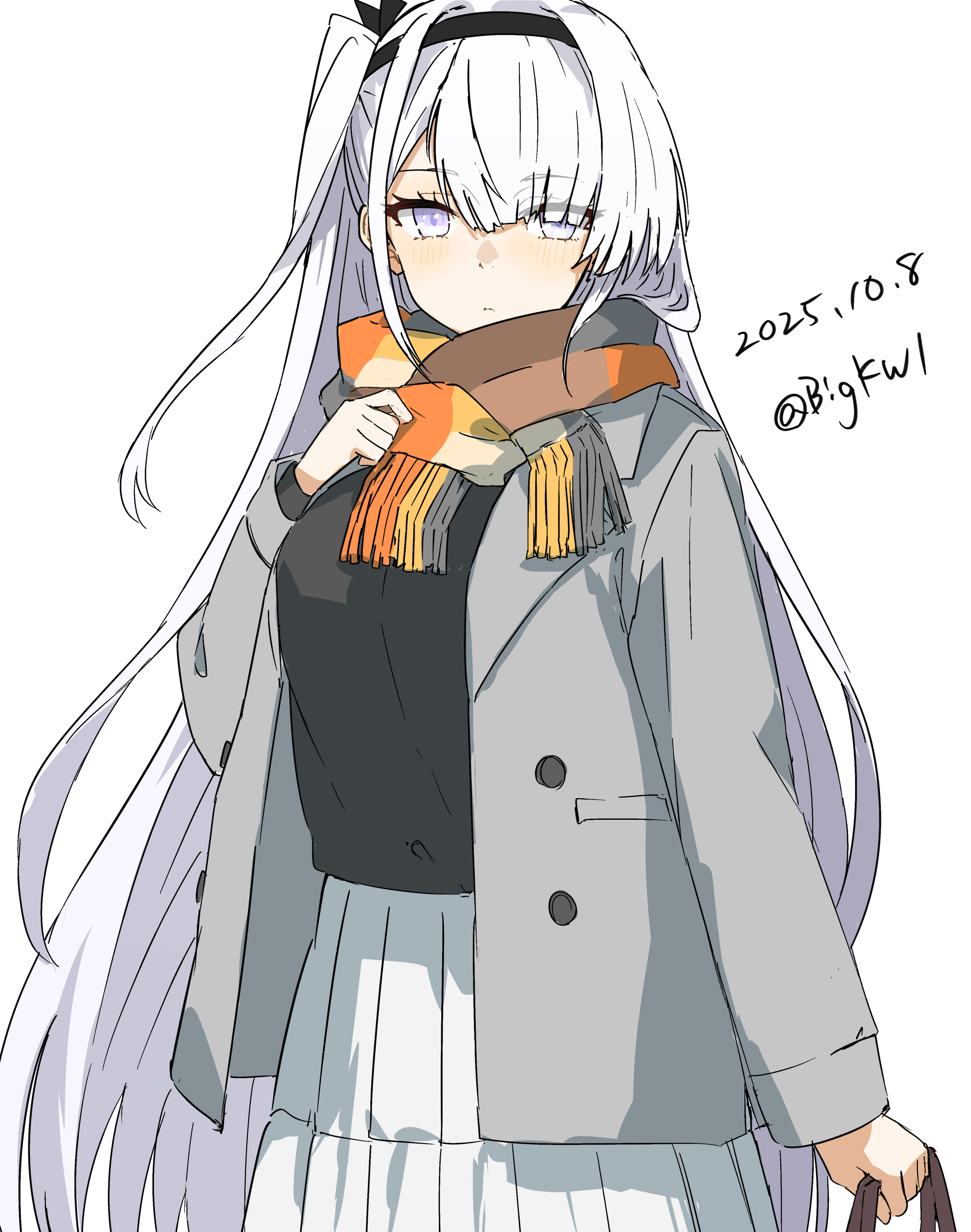 bigkwl, fuyutsuki (kancolle), fuyutsuki (sasebo) (kancolle), kantai collection, absurdres, highres, 1girl, bag, black headband, black shirt, breasts, coat, dated, grey coat, grey eyes, grey hair, grey jacket, hair between eyes, headband, jacket, long hair, long sleeves, looking at viewer, medium breasts, official alternate costume, one side up, open clothes, open coat, orange scarf, scarf, shirt, skirt, solo, white background, white headband, white skirt