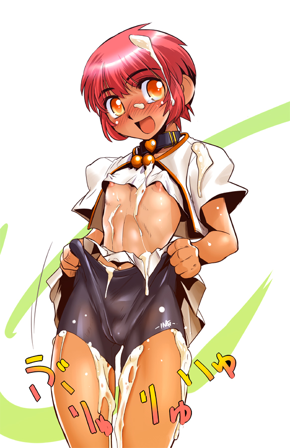 ez6, original, 1girl, bike shorts, blush, bukkake, cameltoe, clothes lift, collar, covered erect nipples, cum, cum in clothes, cum in panties, cum on clothes, cum wearing, cumdrip, female focus, flat chest, frontal wedgie, happy, nipples, orange eyes, panties, red hair, self wedgie, shirt lift, skirt, skirt lift, solo, spandex, underwear, wedgie, wet, wet clothes, wet panties
