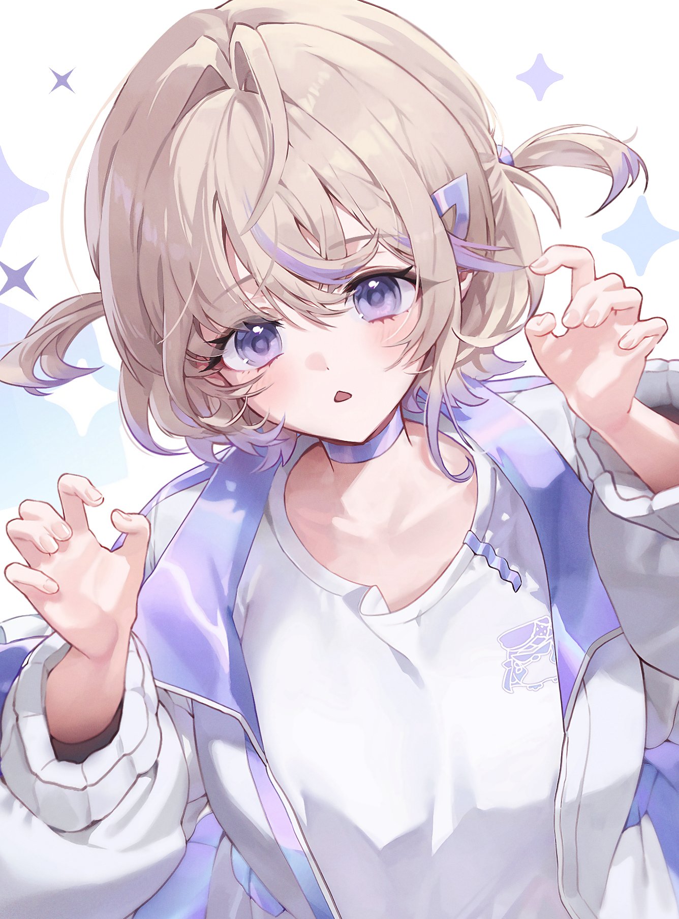 munel, todoroki hajime, hololive, hololive dev is, highres, 1girl, blonde hair, collarbone, jacket, multicolored hair, open clothes, open jacket, purple eyes, purple hair, shirt, short hair, simple background, solo, streaked hair, two-tone hair, two side up, upper body, virtual youtuber, white background, white shirt