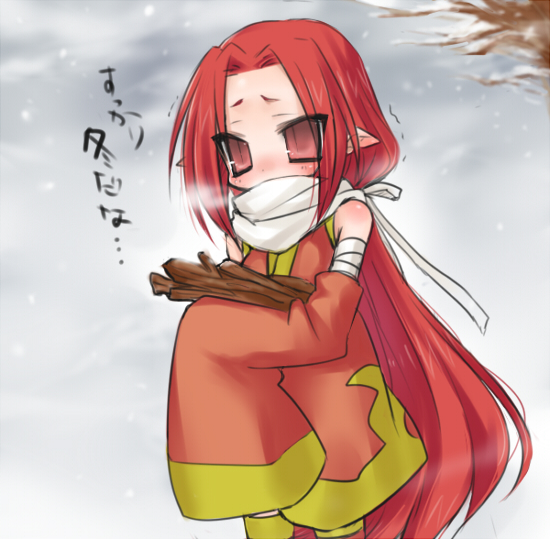 kooriyama ichirou, koriyama shashi, original, 1girl, blush, female focus, japanese clothes, long hair, red eyes, red hair, snow, solo