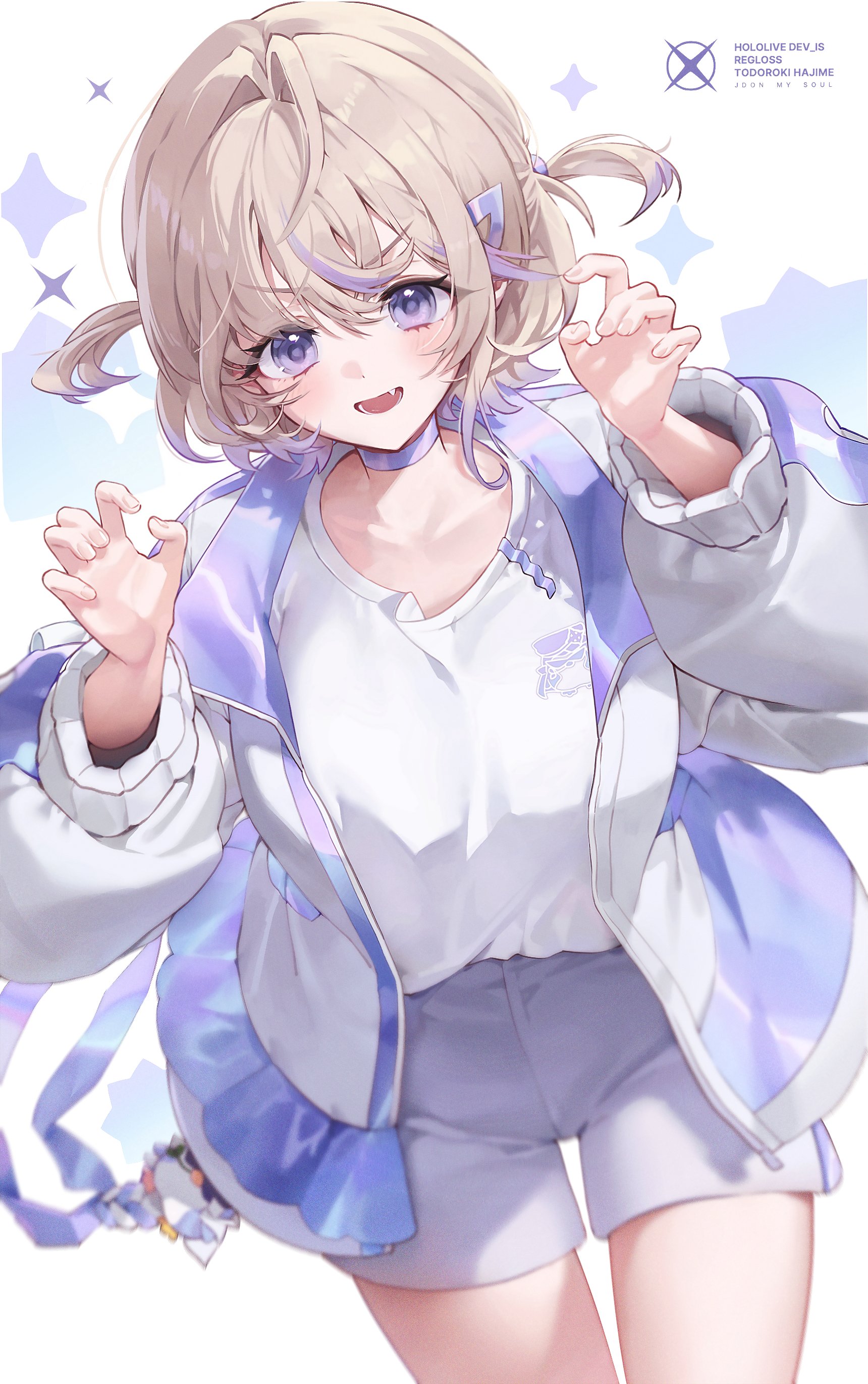 munel, todoroki hajime, hololive, hololive dev is, absurdres, highres, 1girl, blonde hair, collarbone, cowboy shot, grey shorts, jacket, multicolored hair, open clothes, open jacket, purple eyes, purple hair, shirt, short hair, shorts, simple background, solo, streaked hair, two-tone hair, two side up, virtual youtuber, white background, white shirt