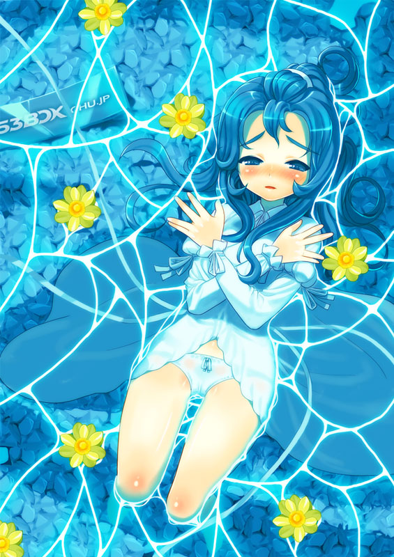 sango (53box), original, afloat, blue eyes, blue hair, floating, flower, long hair, panties, solo, underwear, water