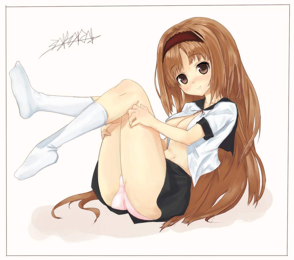 tomono, 1girl, breasts, brown eyes, brown hair, cleavage, female focus, hairband, long hair, open clothes, open shirt, panties, shirt, skirt, small breasts, socks, solo, underwear