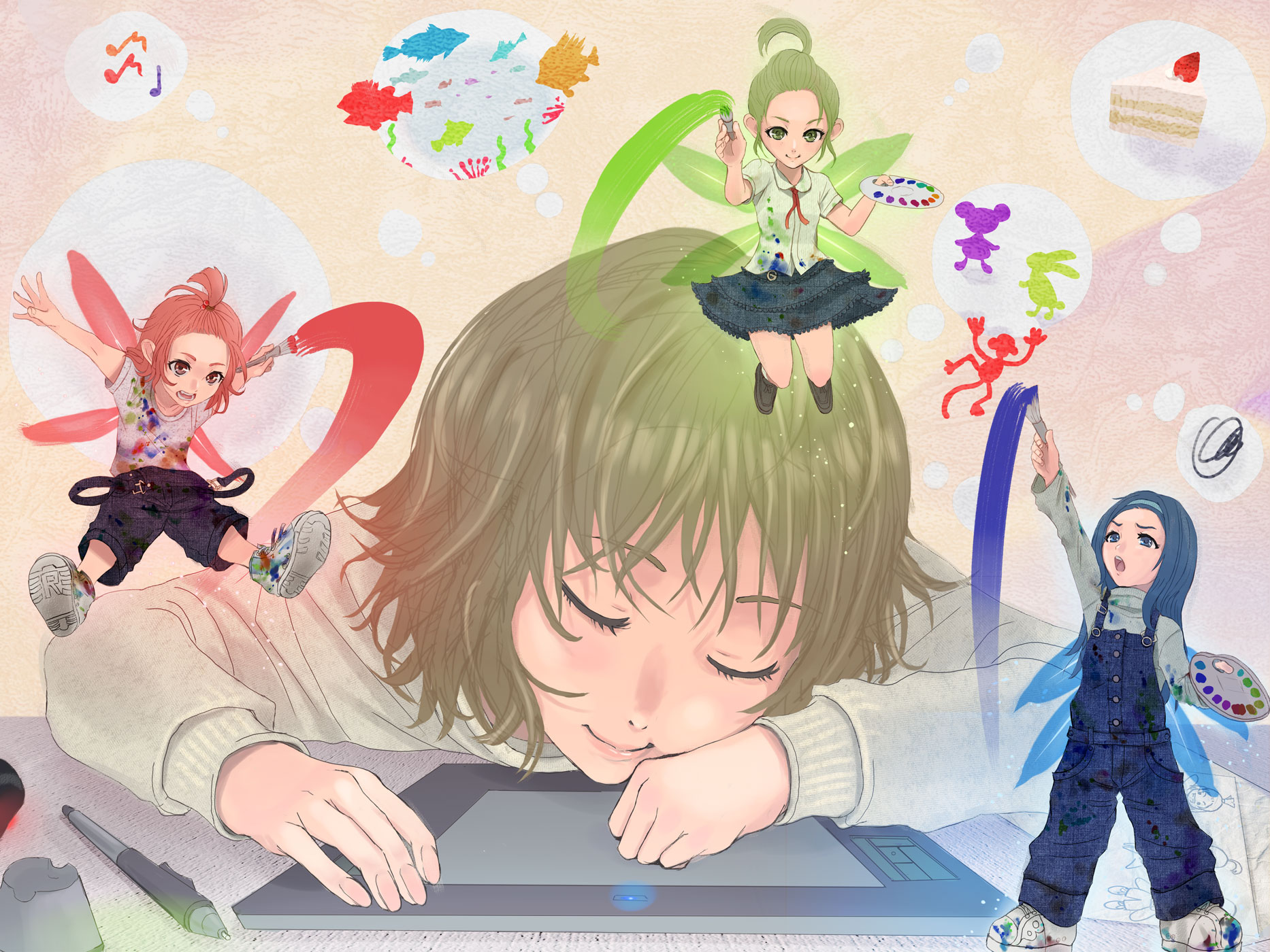 honoji, oekaki musume, original, wacom, bad id, bad pixiv id, highres, art brush, blue hair, brown hair, closed eyes, drawing tablet, green hair, mini person, minigirl, oekaki girl, paintbrush, red hair, sleeping