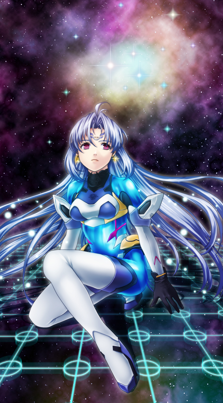 ohse, kos-mos, xenosaga, xenosaga episode ii, highres, 00s, 1girl, android, blue hair, bodysuit, breasts, earrings, female focus, full body, gloves, jewelry, long hair, red eyes, skin tight, solo, space, star (symbol)