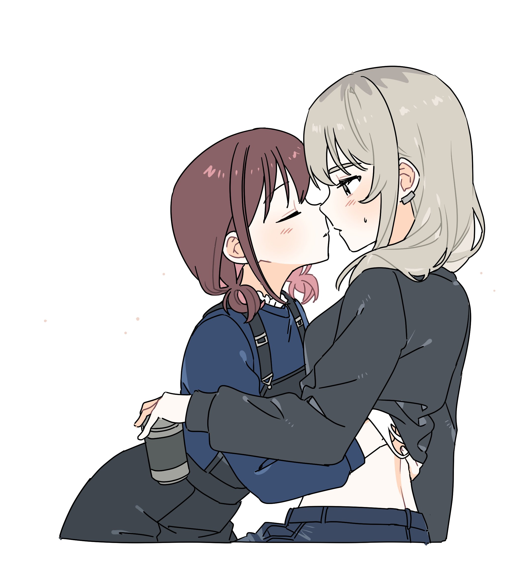 habsida (habsida hpy), iseri nina, kawaragi momoka, girls band cry, commentary, highres, 2girls, black shirt, black skirt, blue shirt, blush, can, closed eyes, clothes lift, grey hair, hand under clothes, hand under shirt, holding, holding can, imminent kiss, long hair, looking at another, multicolored hair, multiple girls, parted lips, red hair, roots (hair), shirt, shirt lift, short twintails, simple background, skirt, suspender skirt, suspenders, sweat, twintails, white background, yuri