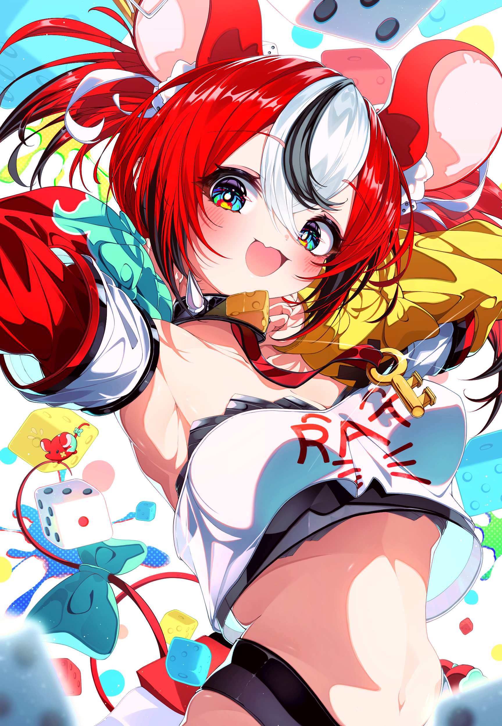 sho me 1853, hakos baelz, hakos baelz (1st costume), mr. squeaks (hakos baelz), hololive, hololive english, absurdres, commentary, highres, 1girl, :d, animal ears, armpits, arms behind head, arms up, asymmetrical sleeves, black collar, black hair, blue eyes, bow, breasts, bright pupils, clothes writing, collar, colored tips, dice hair ornament, double-parted bangs, extra ears, fang, hair between eyes, hair ornament, highleg, layered sleeves, long sleeves, looking at viewer, medium breasts, mismatched sleeves, mouse ears, mouse girl, mouse tail, multicolored hair, navel, open mouth, red hair, short over long sleeves, short sleeves, skin fang, smile, spiked collar, spikes, stomach, strapless, streaked hair, tail, tail bow, tail ornament, tube top, virtual youtuber, white hair, white pupils, white tube top