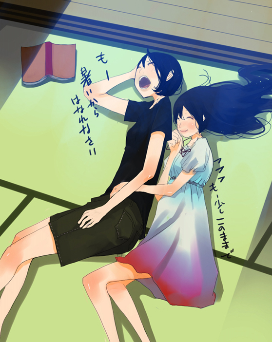shigureteki, bad id, bad pixiv id, translated, 2girls, black hair, closed eyes, dress, long hair, lying, multiple girls, open mouth, shirt, short hair, shorts, sleeping, smile, t-shirt, yawning